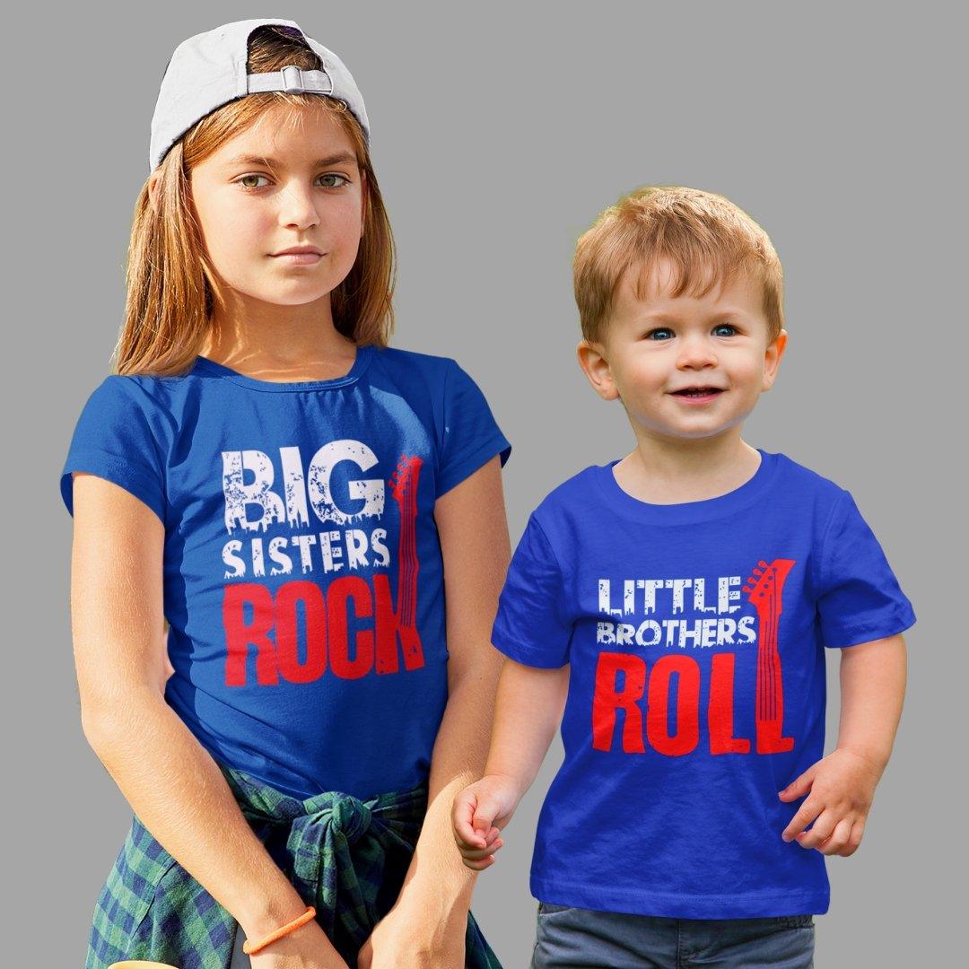 Sibling T Shirt for Kids Brother and Sister in Blue Colour - Big Sister Rocks little Brother Rools
