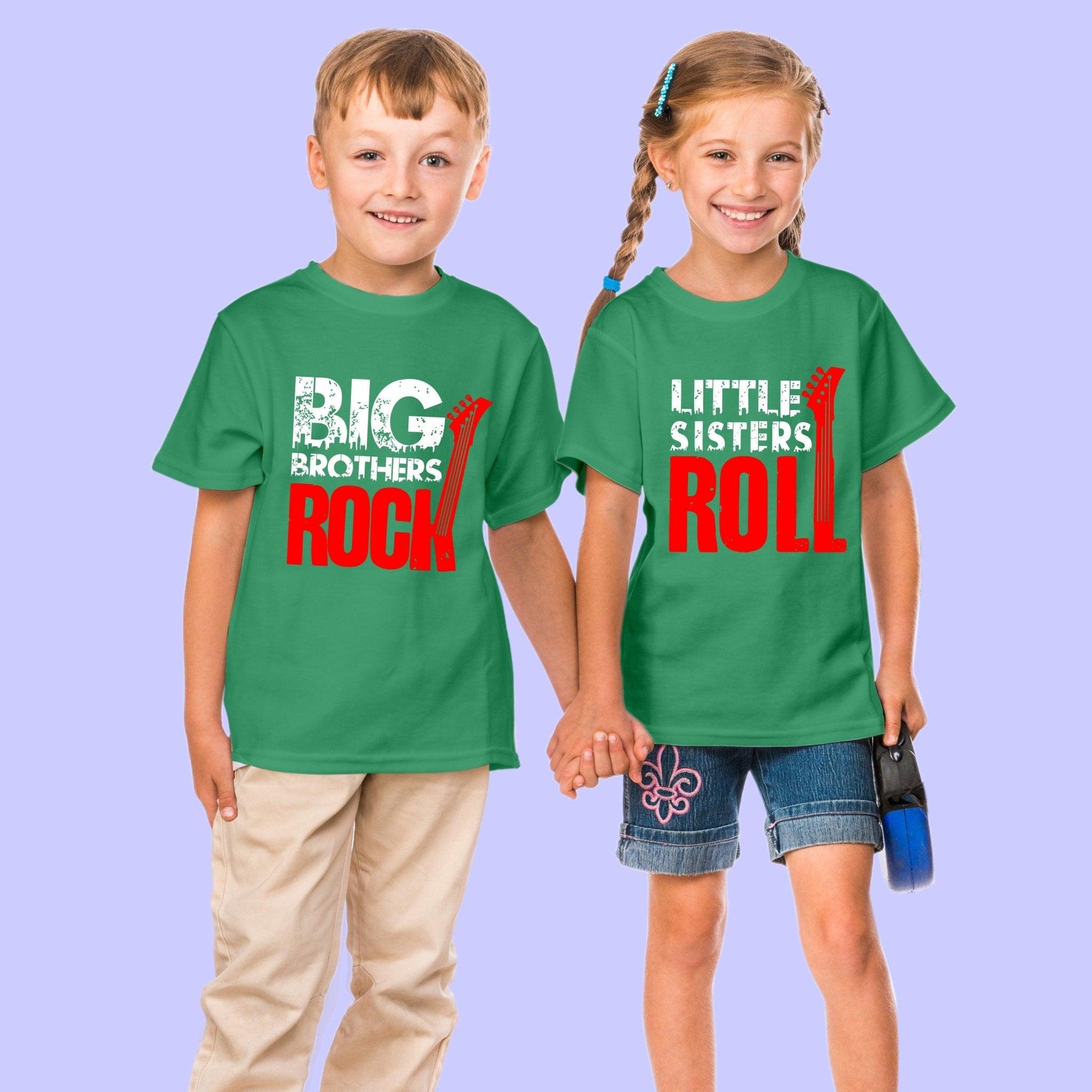 Sibling T Shirt for Kids Brother and Sister in Green Colour - Big Brother Rocks Little Sister Rolls