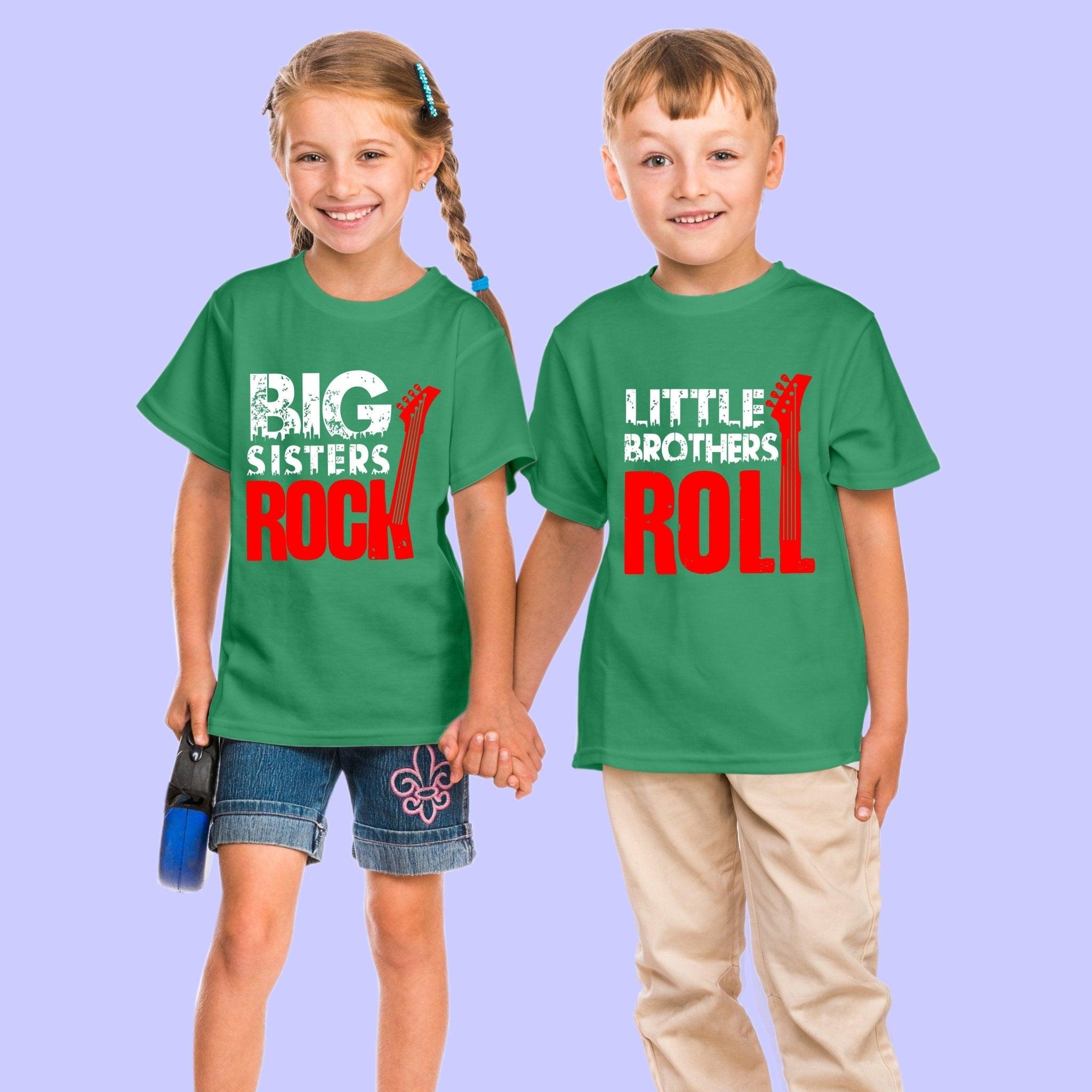 Sibling T Shirt for Kids Brother and Sister in Green Colour - Big Sister Rocks little Brother Rools