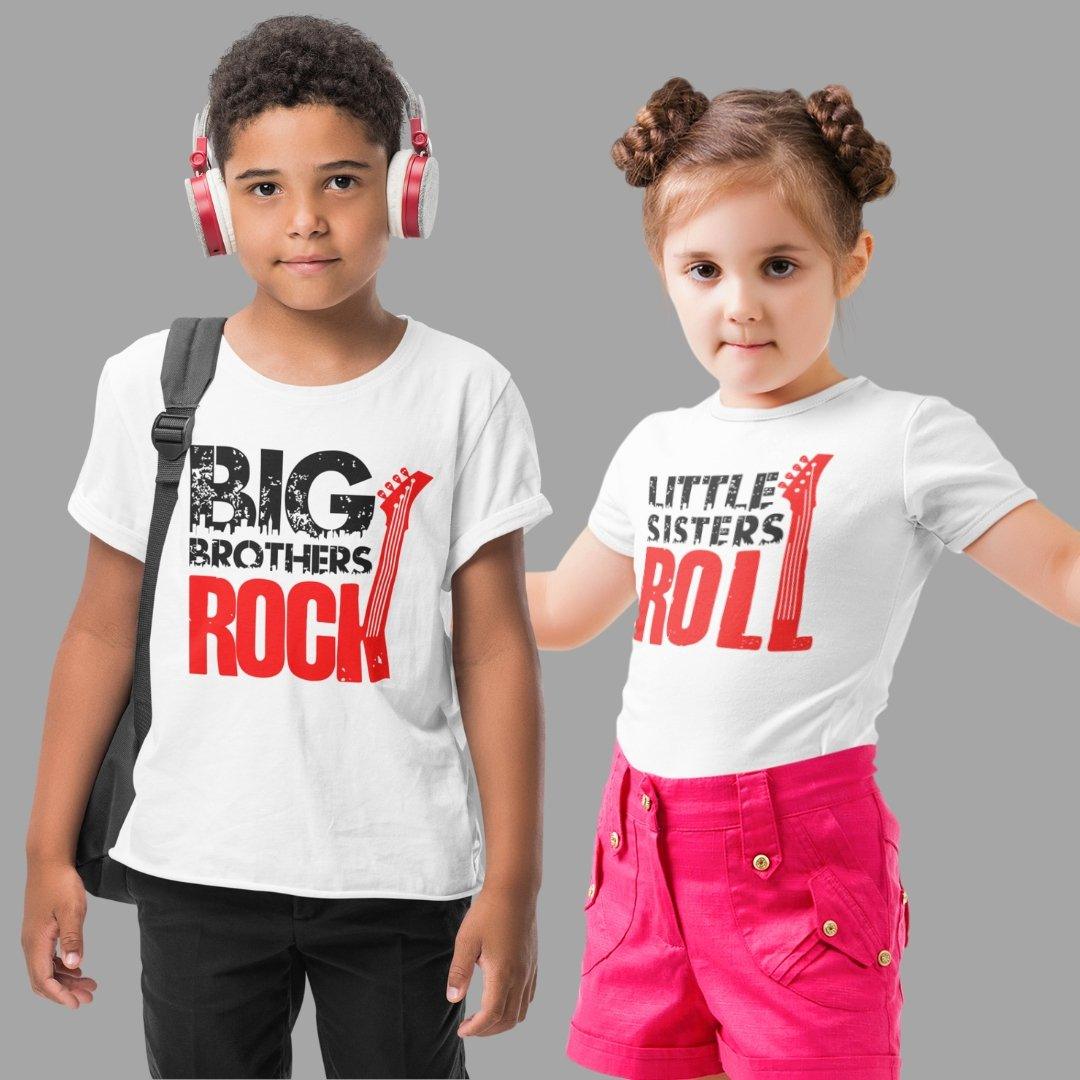 Sibling T Shirt for Kids Brother and Sister in White Colour - Big Brother Rocks Little Sister Rolls