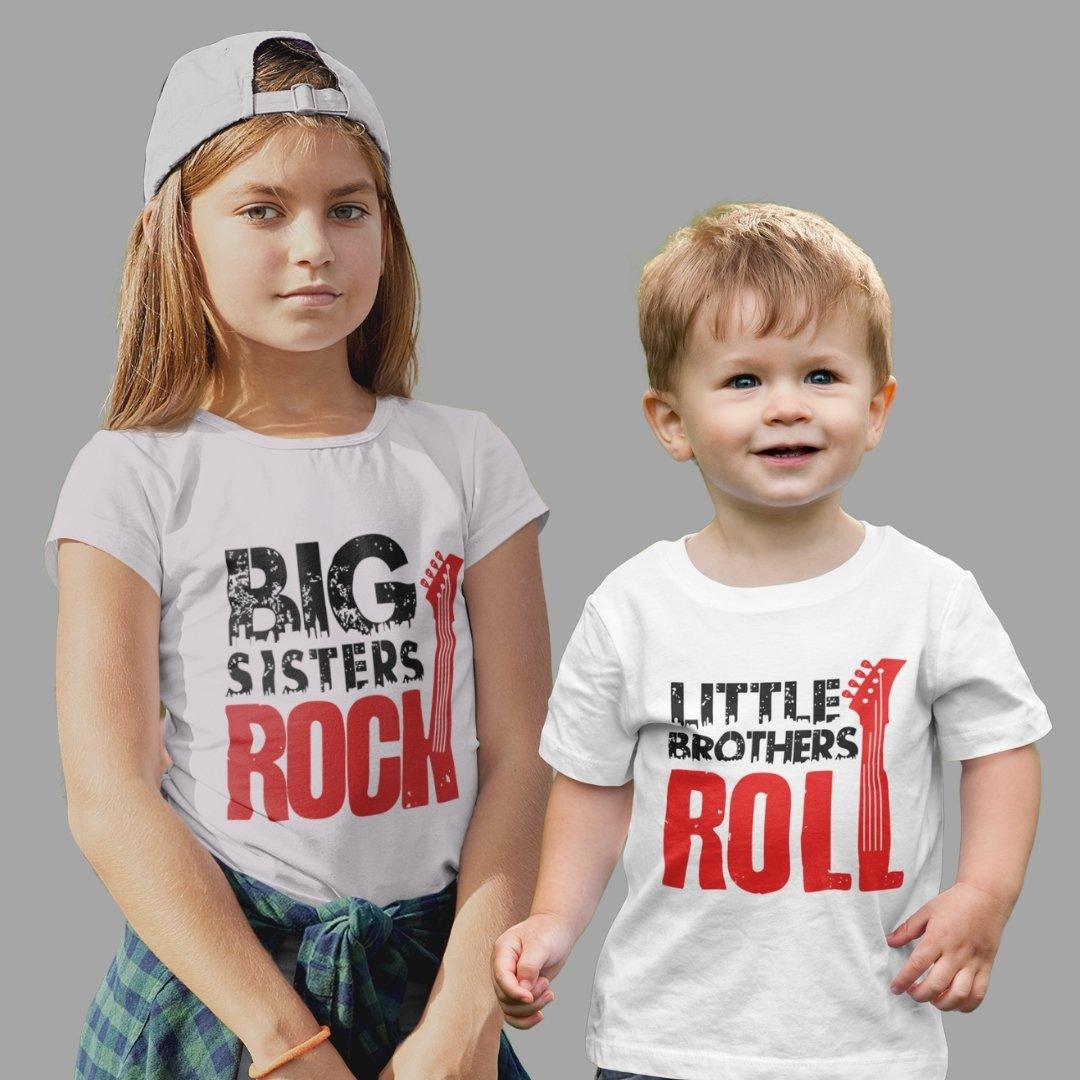 Sibling T Shirt for Kids Brother and Sister in White Colour - Big Sister Rocks little Brother Rools