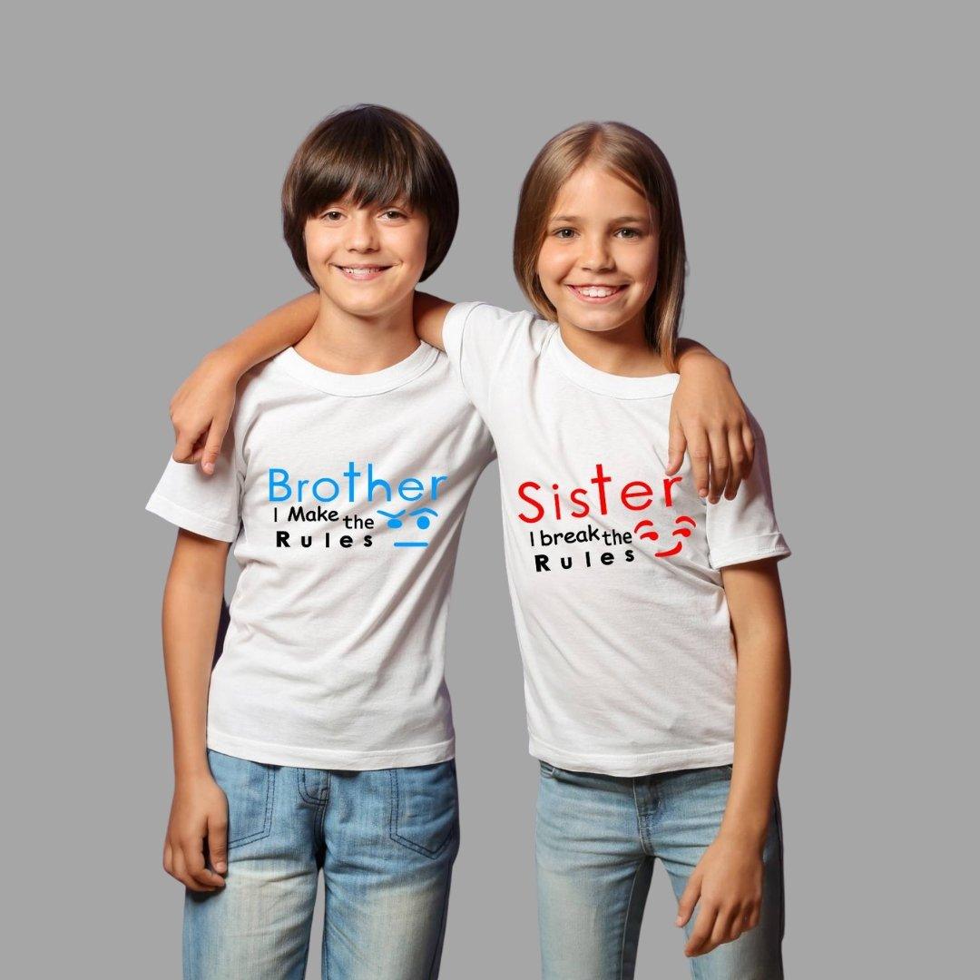 Sibling T Shirt for Kids Brother and Sister in White Colour - Brother Makes The Rules Sister Breaks The Rules Variant