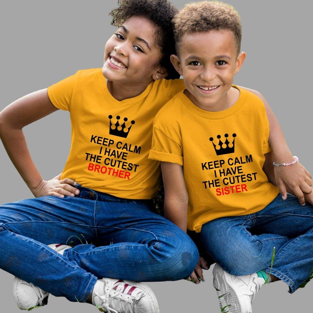 Sibling T Shirt for Kids Brother and Sister in Yellow Colour - Keep Calm I Have The Cutest Brother Sister Variant