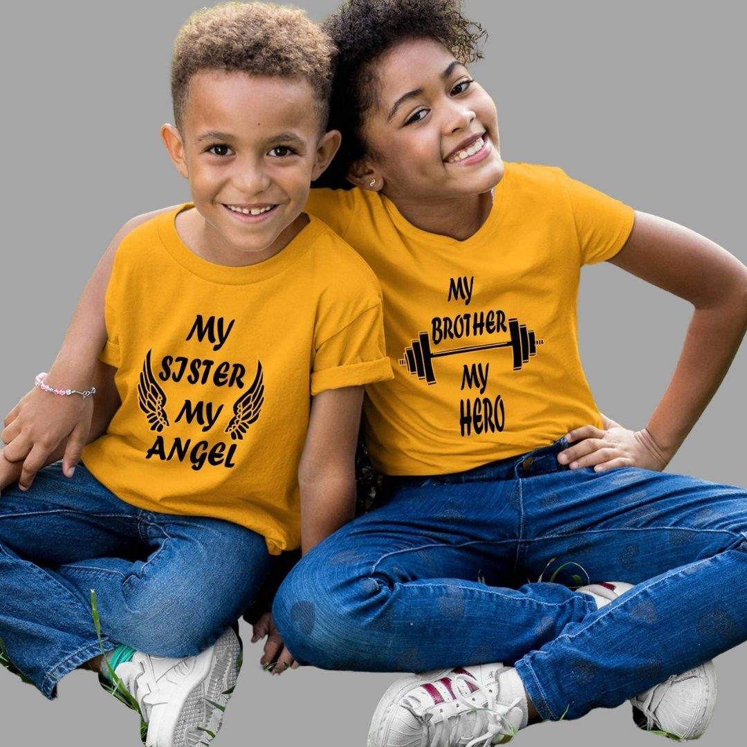 Sibling T Shirt for Kids Brother and Sister in Yellow Colour - My Sister My Angel My Brother My Hero Variant