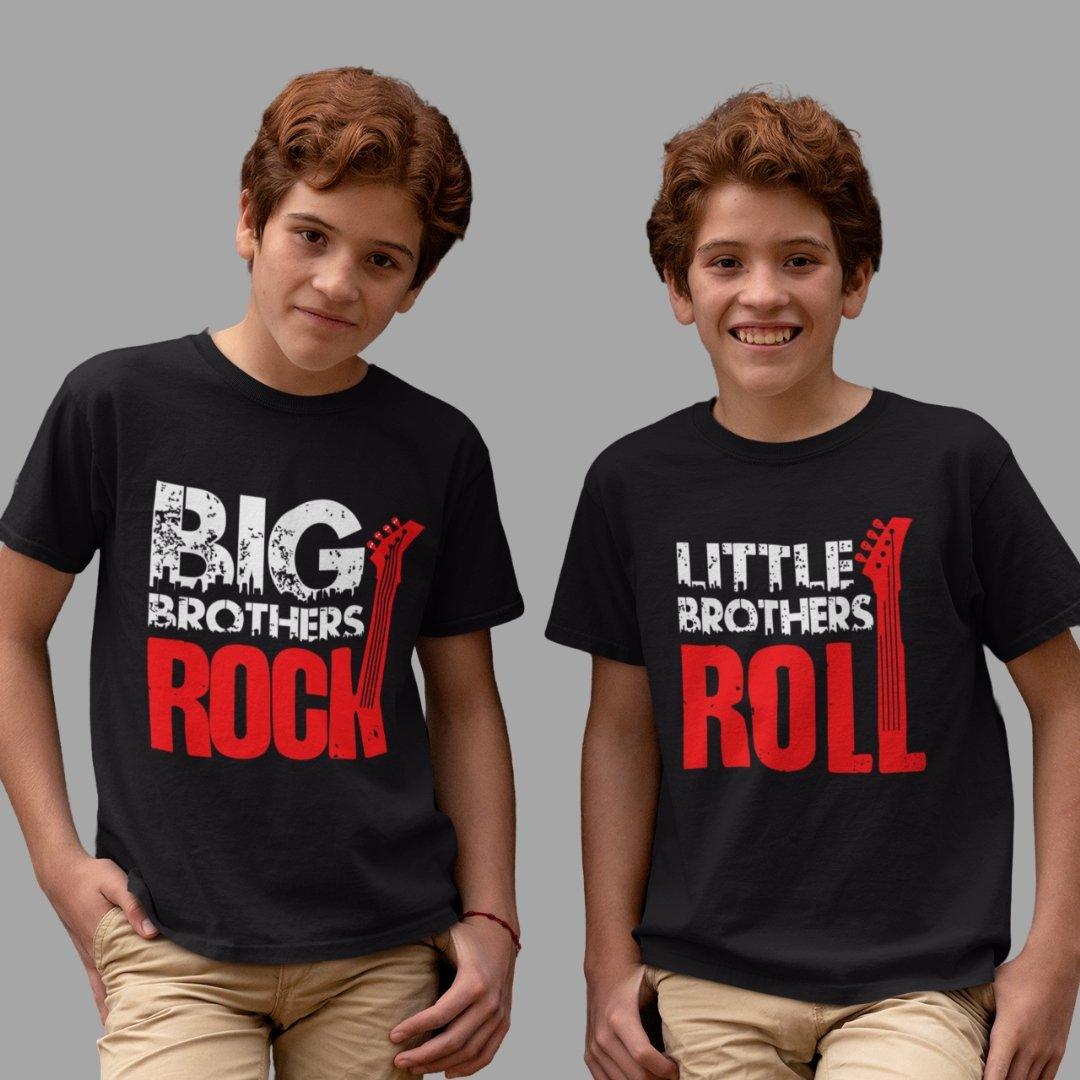 Sibling T Shirt for Kids Brothers in Black Colour - Big Brother Rocks Little Brother Rools