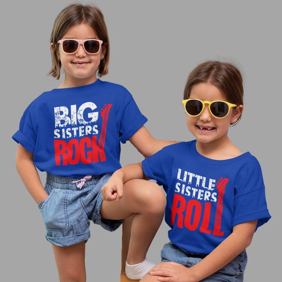 Sibling T Shirt for Kids Sisters in Blue Colour - Big Sister Rocks Little Sister Rolls Variant