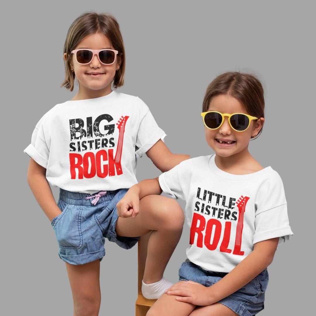 Sibling T Shirt for Kids Sisters in White Colour - Big Sister Rocks Little Sister Rolls Variant