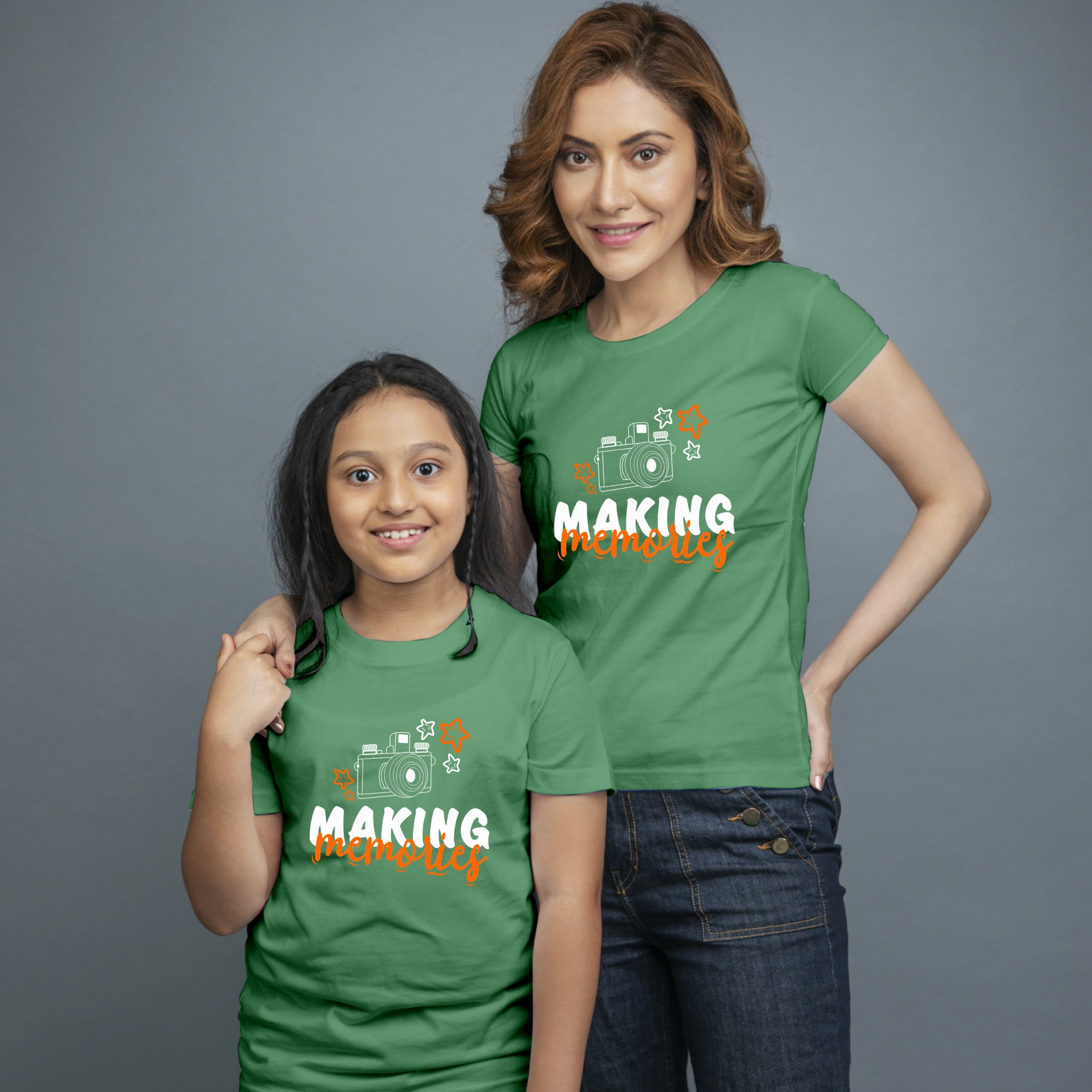 Family of 2 t shirt for Mom Daughter in Green Colour- Making Memories Variant