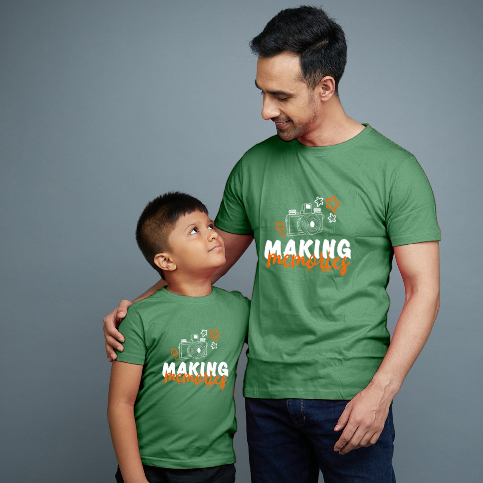 Family of 2 t shirt for Dad Son in Green Colour- Making Memories Variant