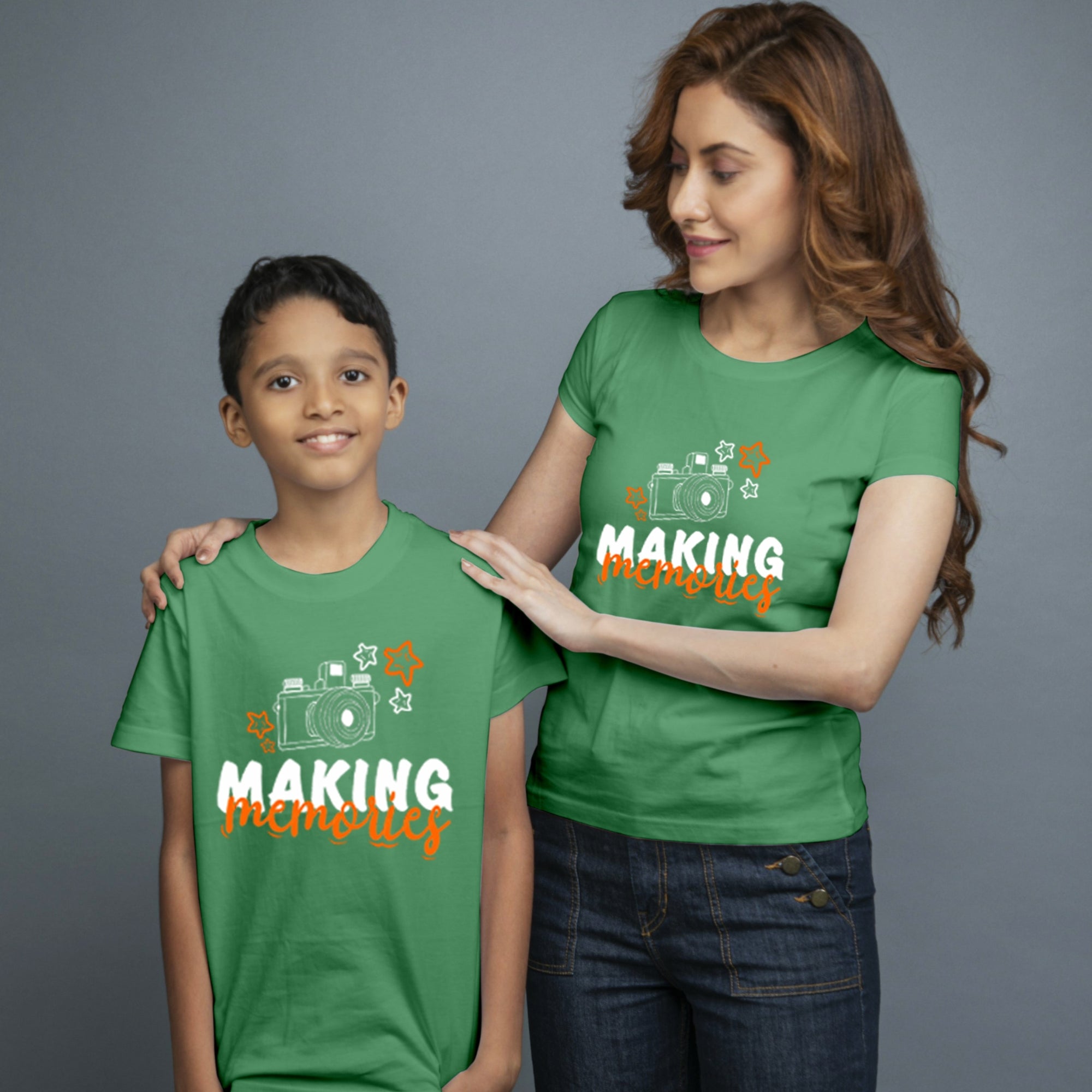 Family of 2 t shirt for Mom Son in Green Colour- Making Memories Variant