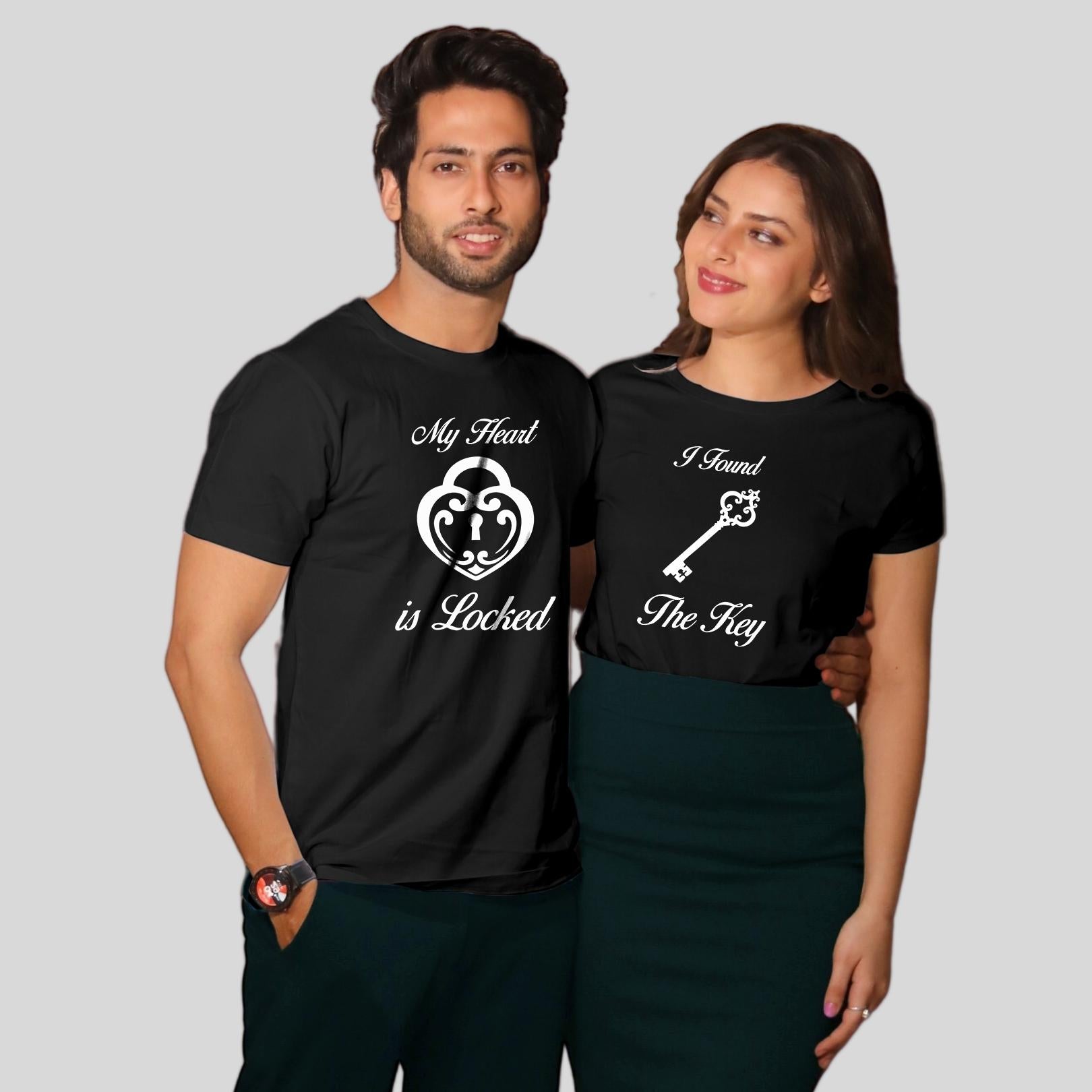 Couple T Shirt In Black Colour - My Heart Is Locked I Found The Key Variant
