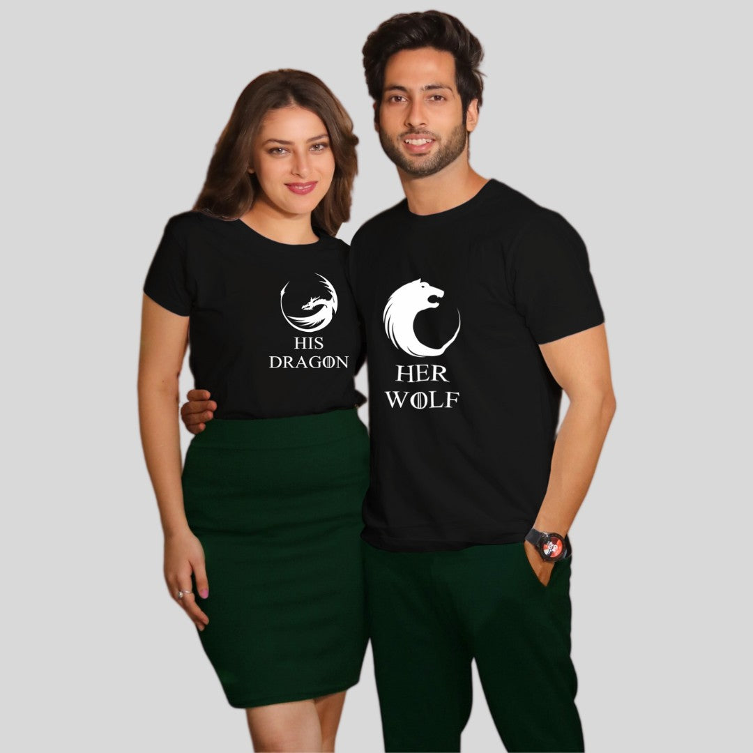 Couple T Shirt In Black Colour - Her Wolf His Dragon Variant