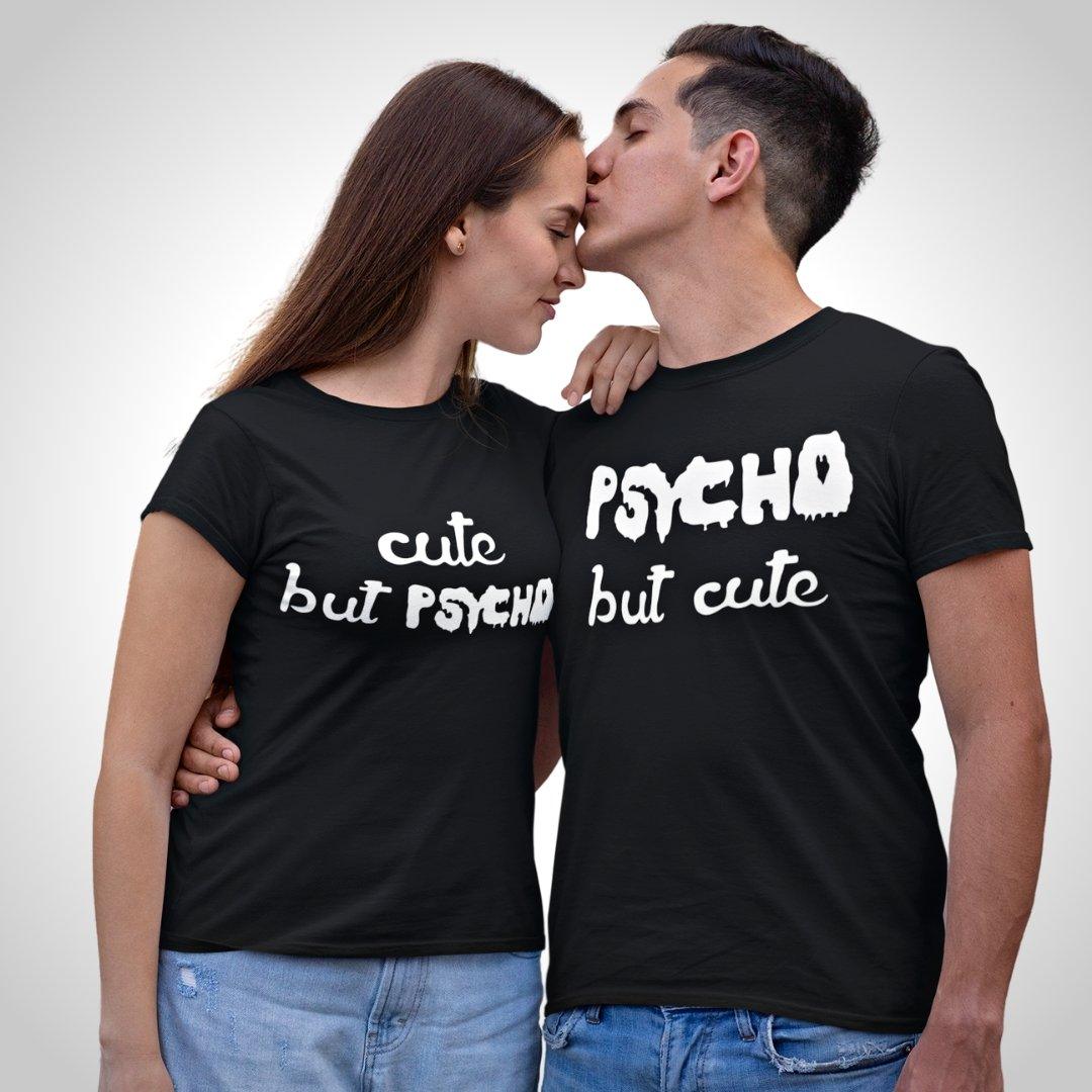 Couple T Shirt In Black Colour - Psycho But Cute and Cute But Psycho Variant