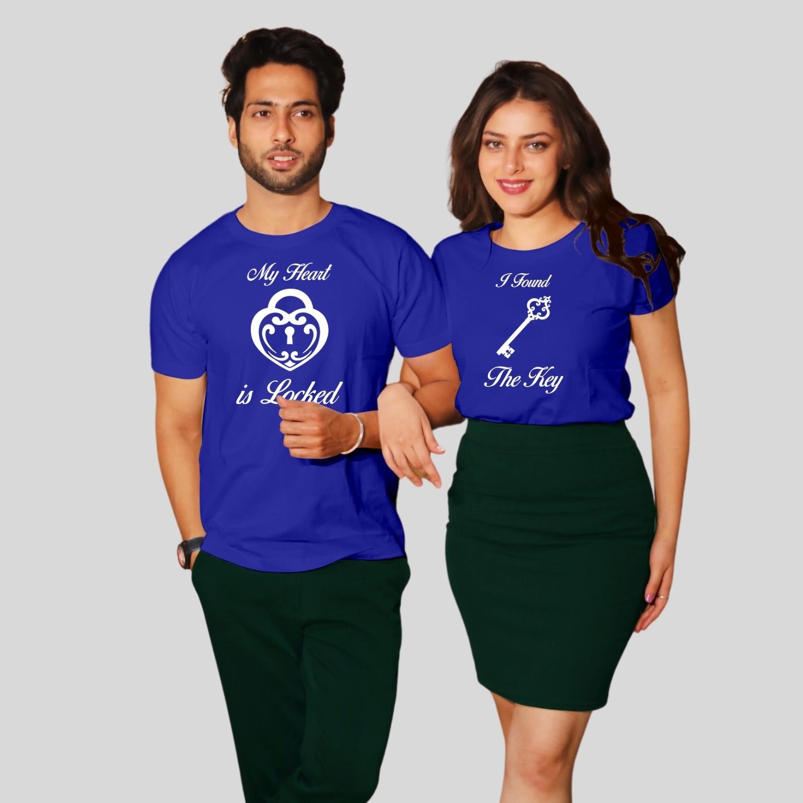 Couple T Shirt In Blue Colour - My Heart Is Locked I Found The Key Variant