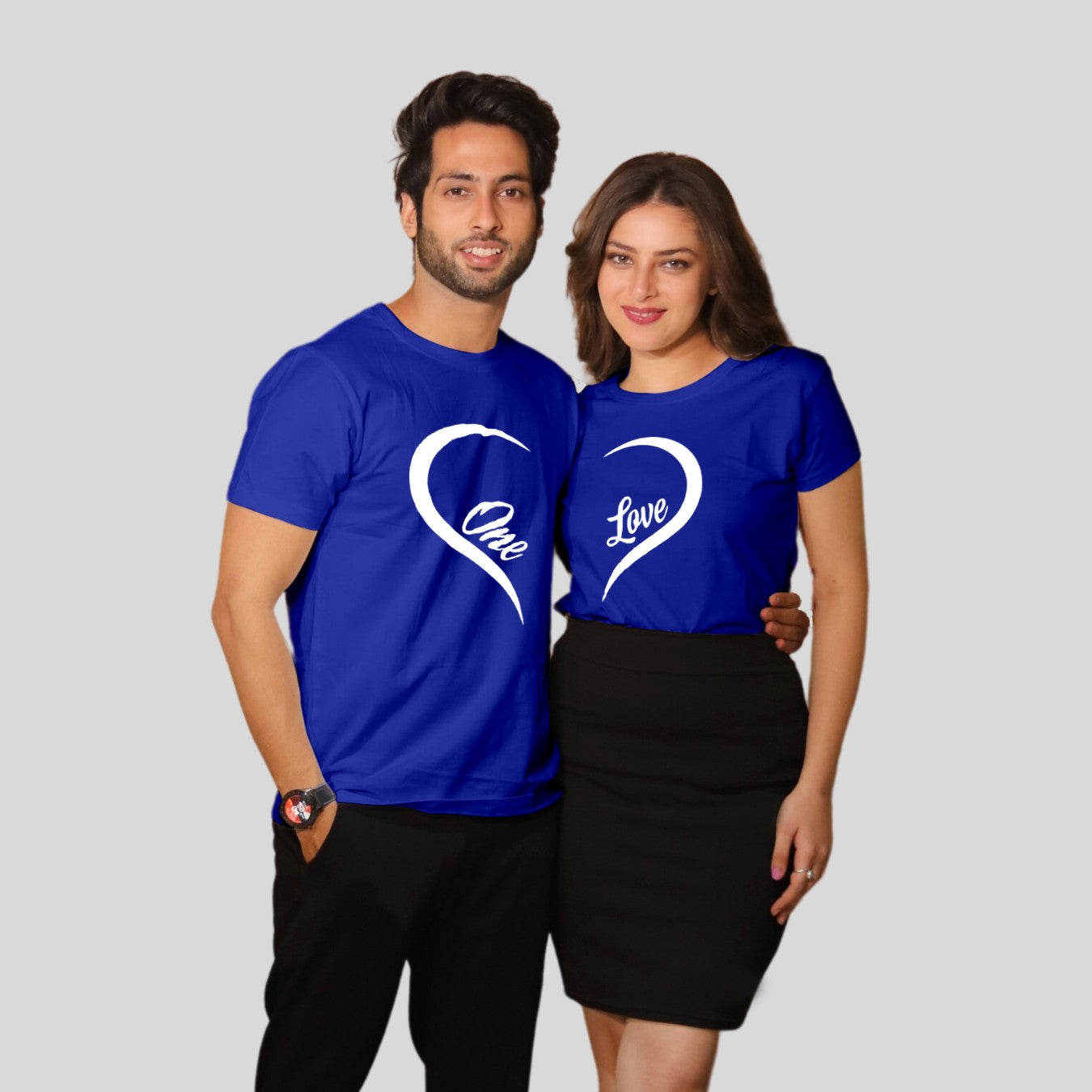 Couple T Shirt in Blue Colour - One Love Heart Variant