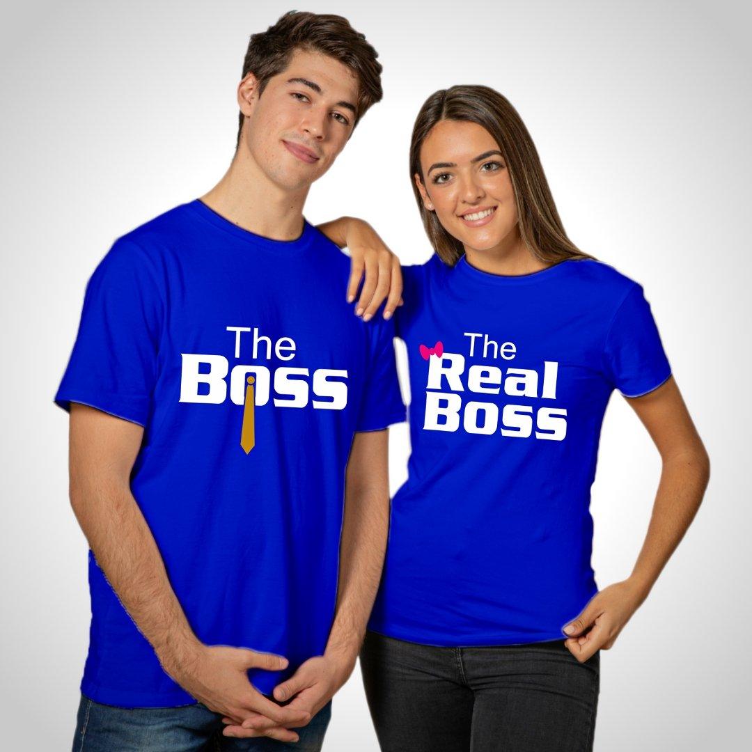 Couple T Shirt In Blue Colour - The Boss The Real Boss Variant