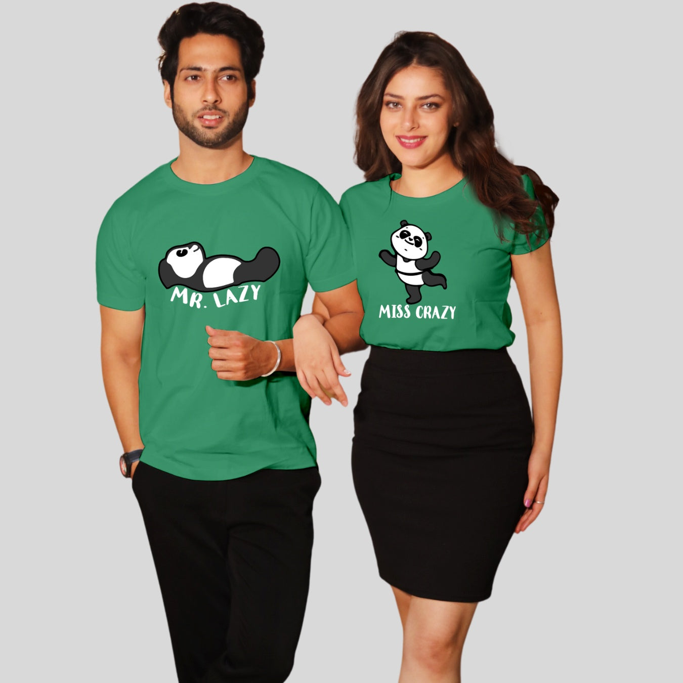 Couple T Shirt In Green Colour - Mr Lazy Miss Crazy Variant
