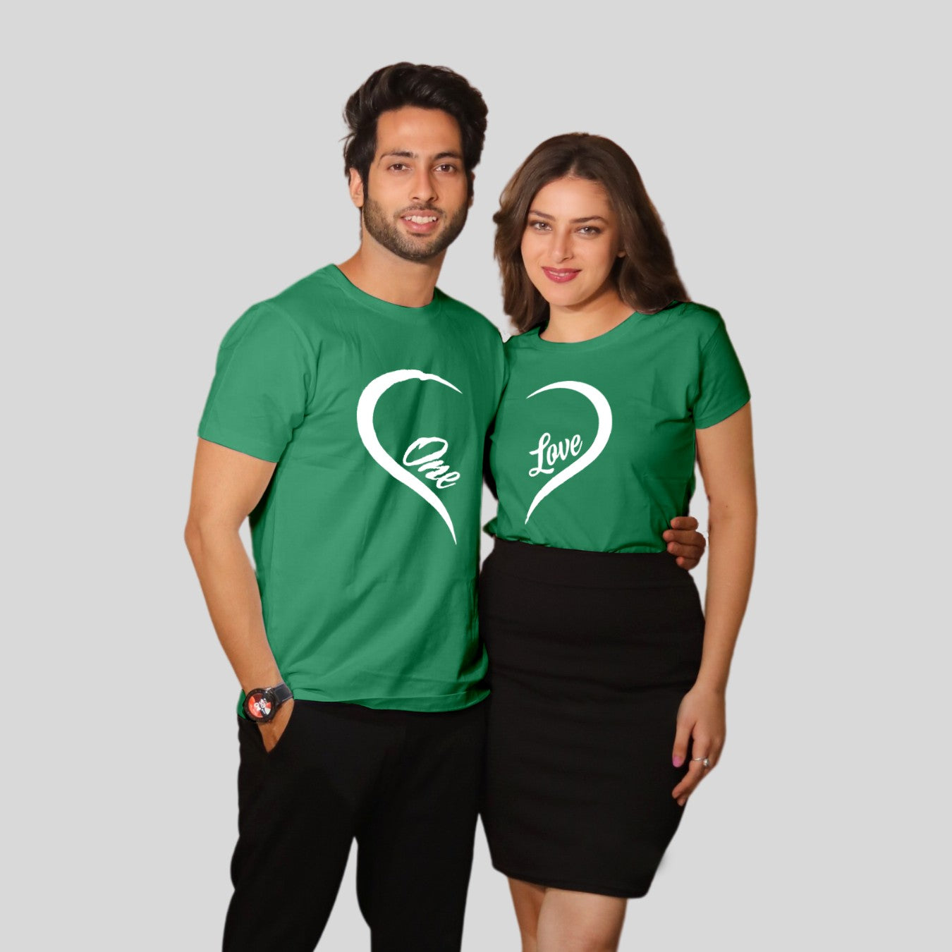 Couple T Shirt in Green Colour - One Love Heart Variant