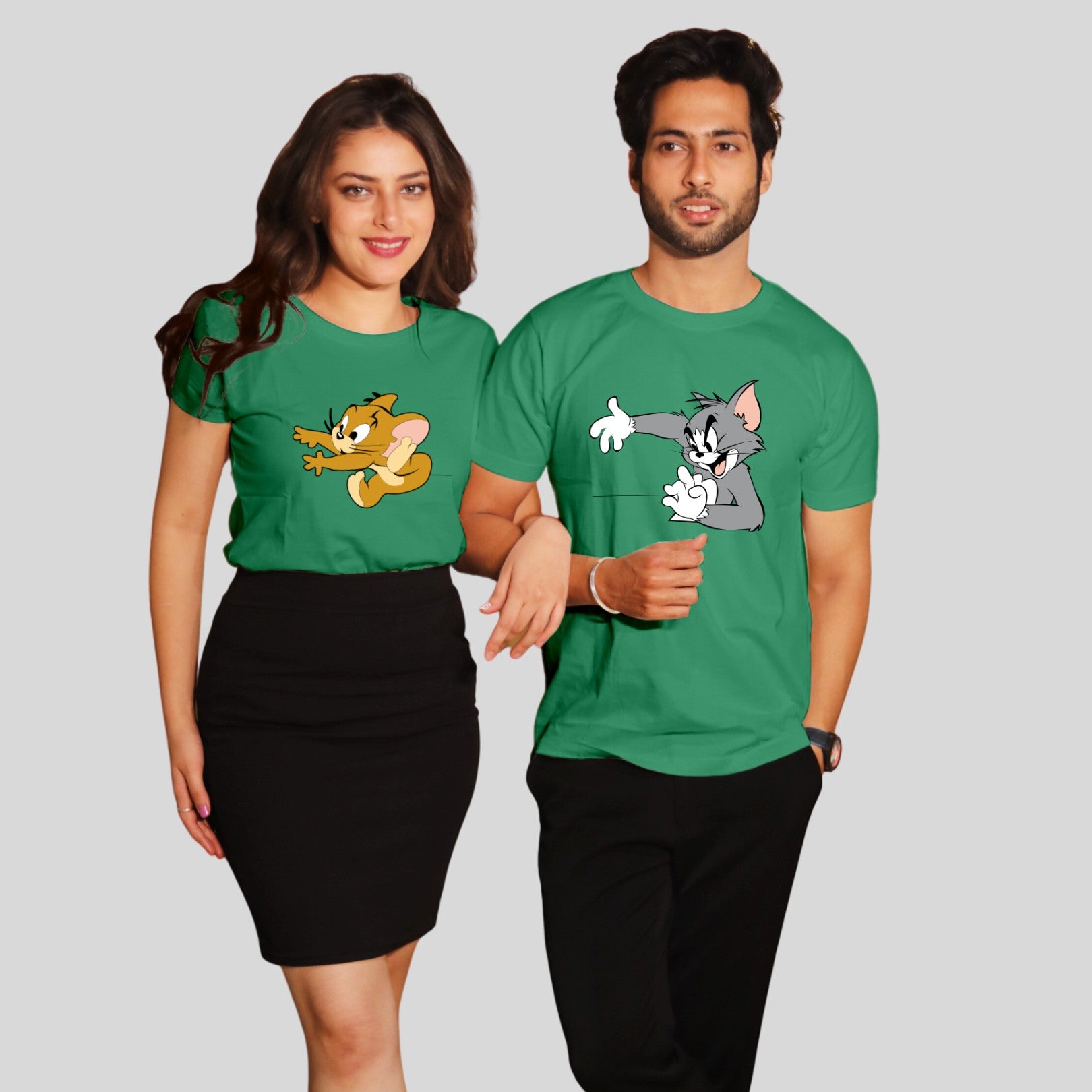 Couple T Shirt In Green Colour -Tom and Jerry Variant