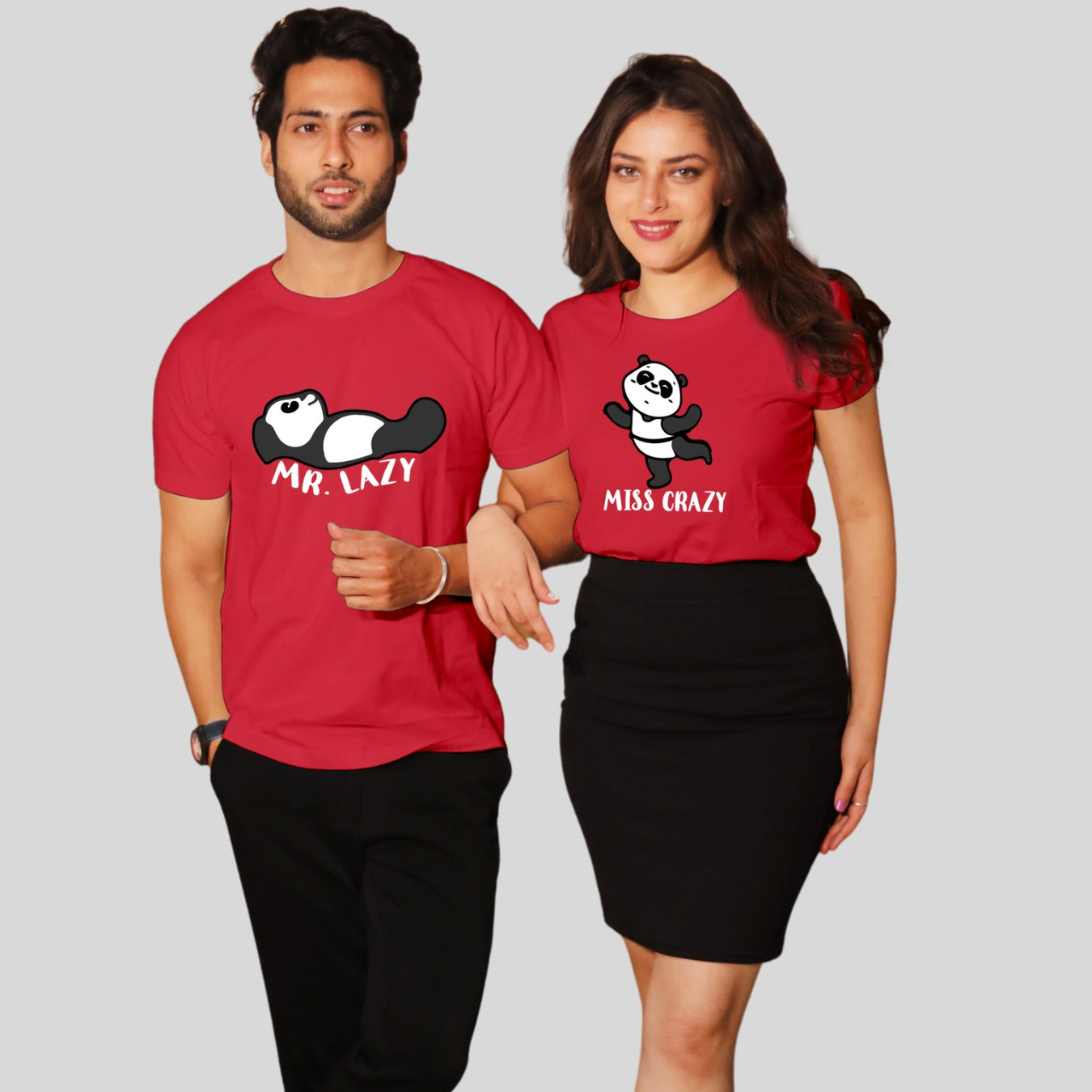 Couple T Shirt In Red Colour - Mr Lazy Miss Crazy Variant
