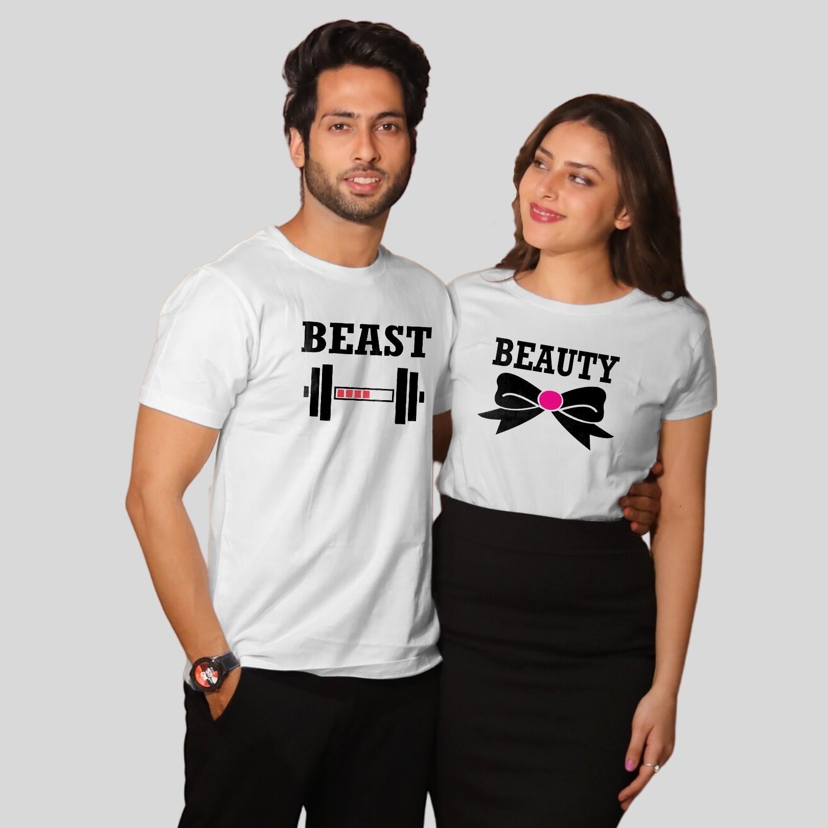 Couple T Shirt In White Colour - Beauty Beast Variant