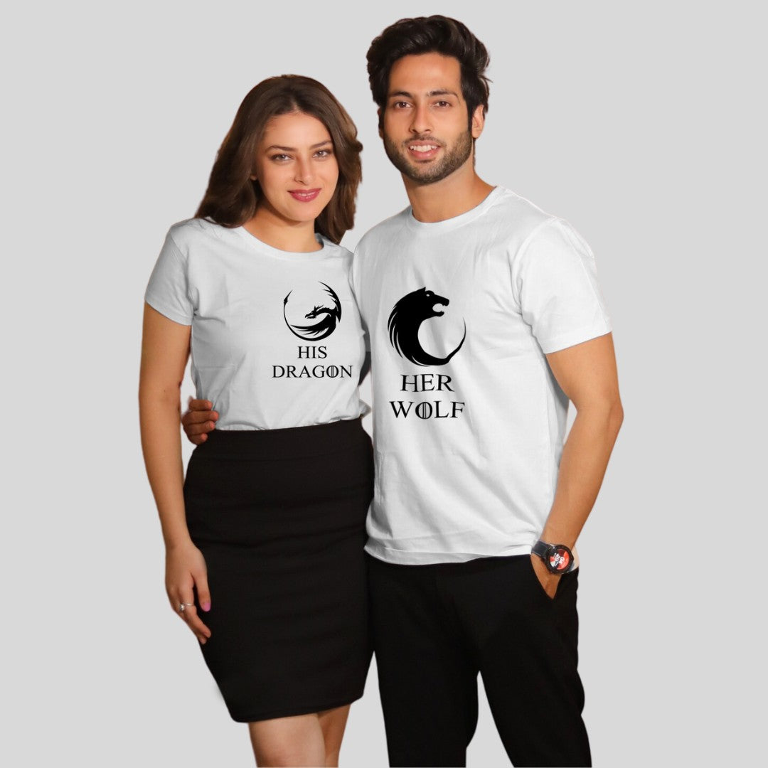 Couple T Shirt In White Colour - Her Wolf His Dragon Variant