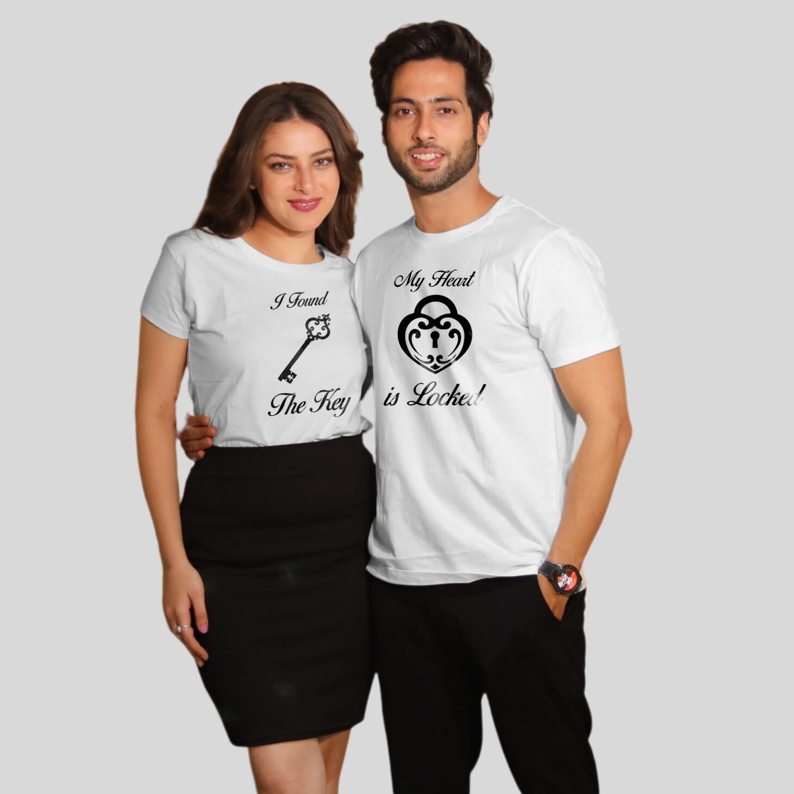 Couple T Shirt In White Colour - My Heart Is Locked I Found The Key Variant