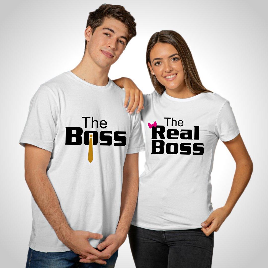 Couple T Shirt In White Colour - The Boss The Real Boss Variant