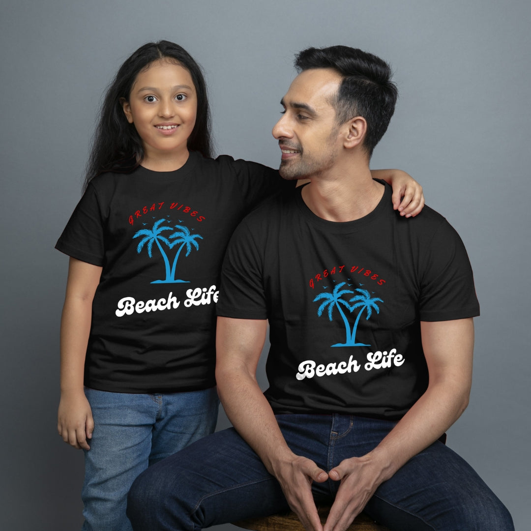 Family of 2 t shirt for Dad Daughter in Black Colour- Beach Life Variant