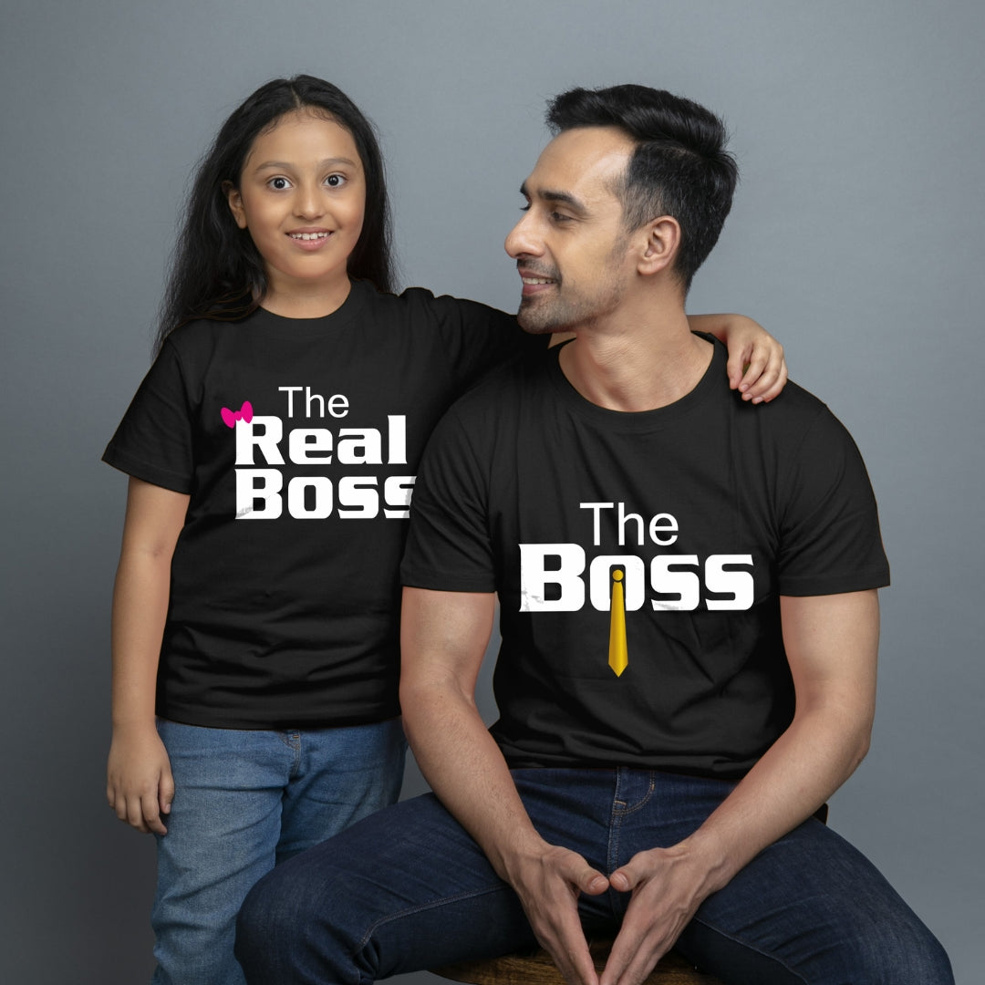 Family of 2 t shirt for Dad Daughter in Black Colour- The Boss The Real Boss Variant