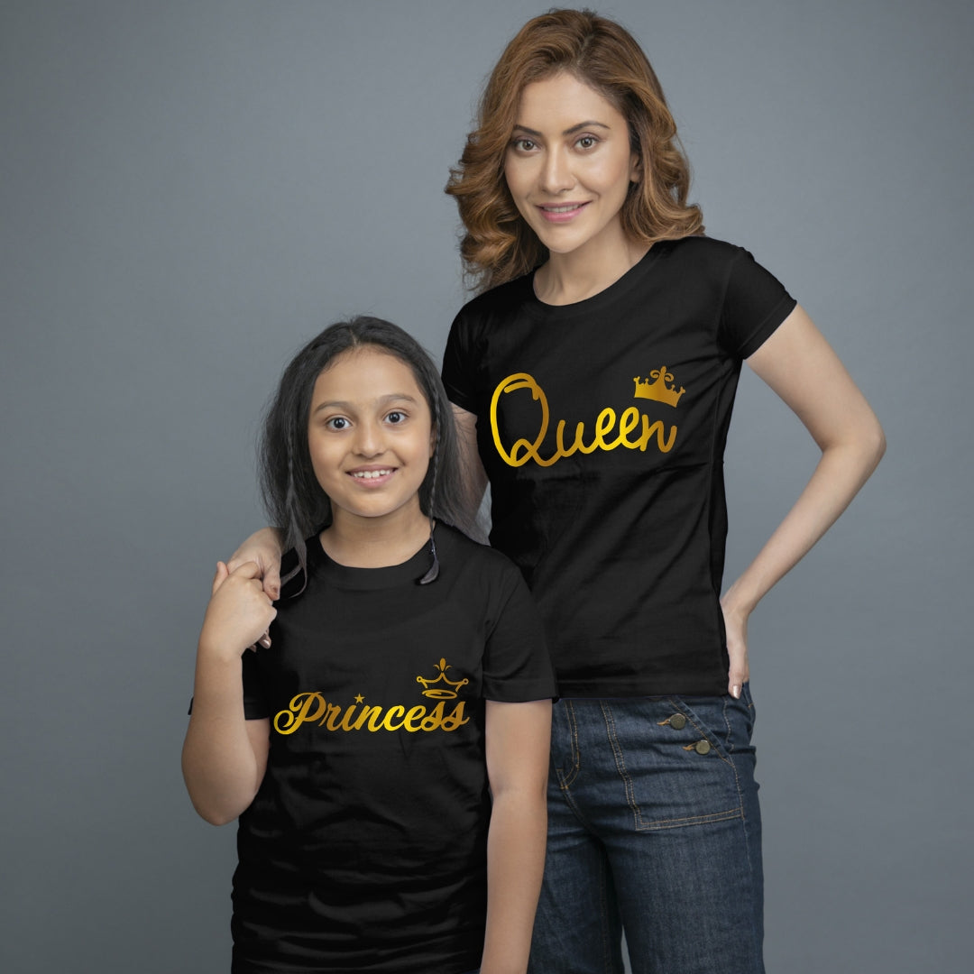 Family of 2 t shirt for Mom Daughter in Black Colour- Queen Princess All Gold Variant