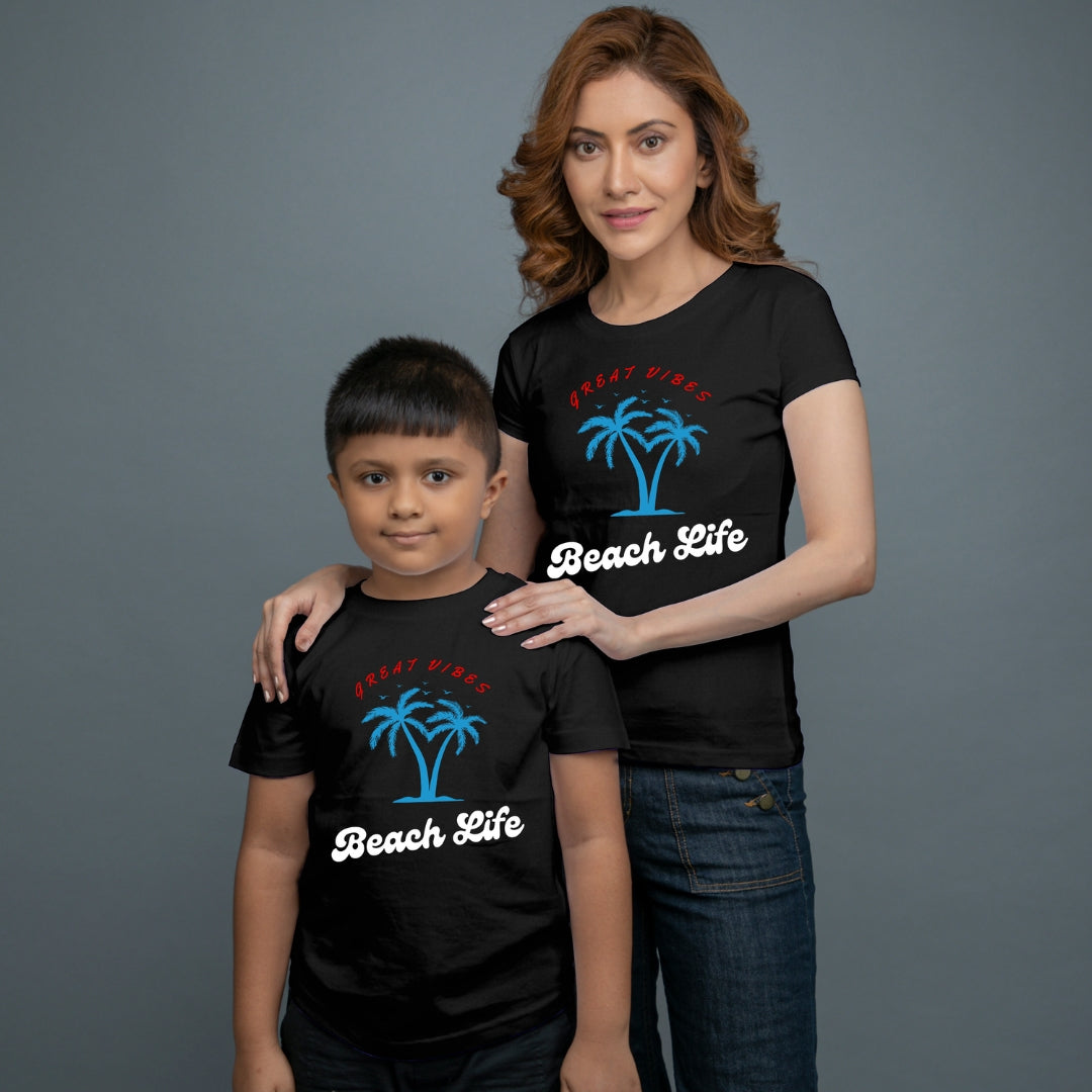 Family of 2 t shirt for Mom Son in Black Colour- Beach Life Variant