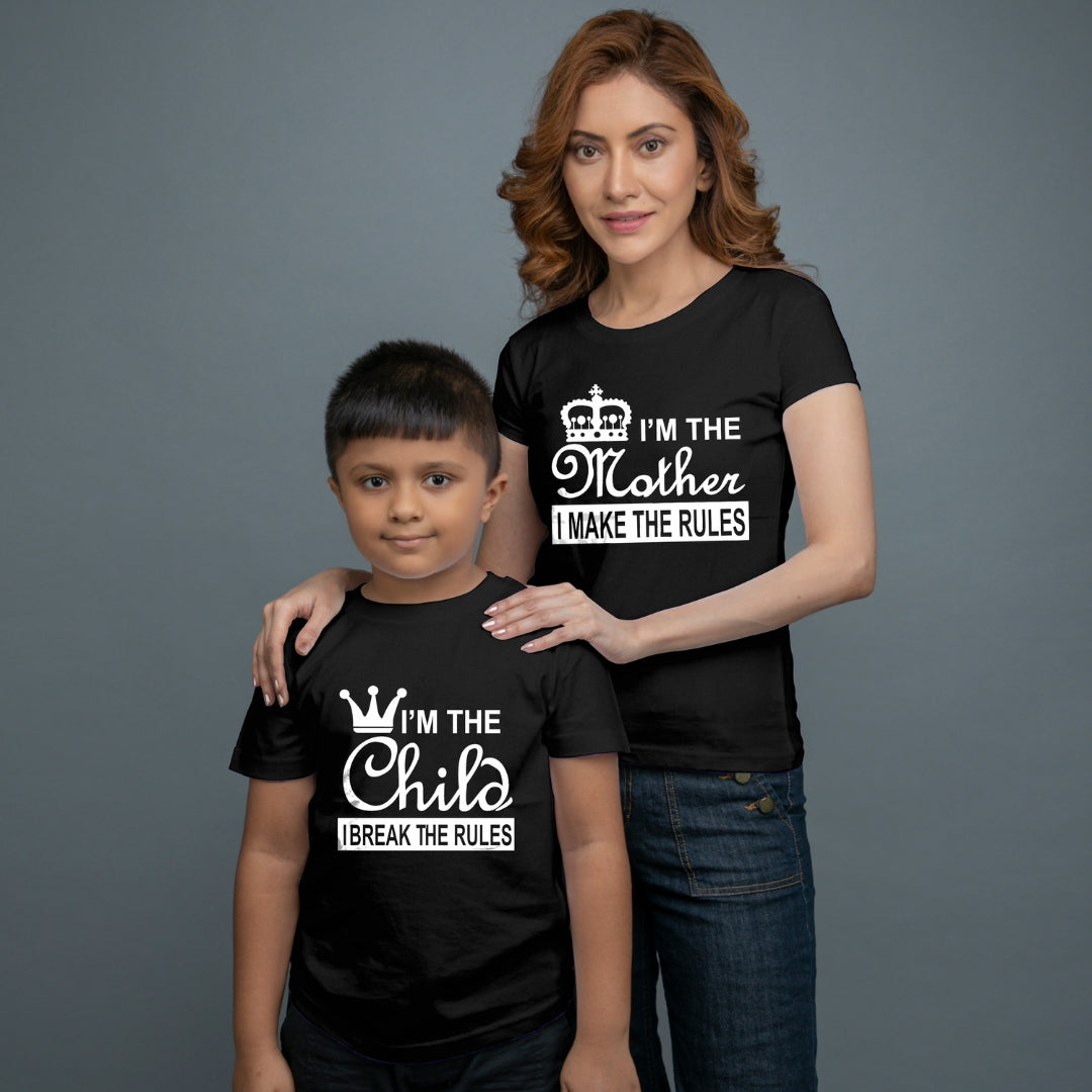 Family of 2 t shirt for Mom Son in Black Colour - Mother Makes Son Breaks The Rule Variant