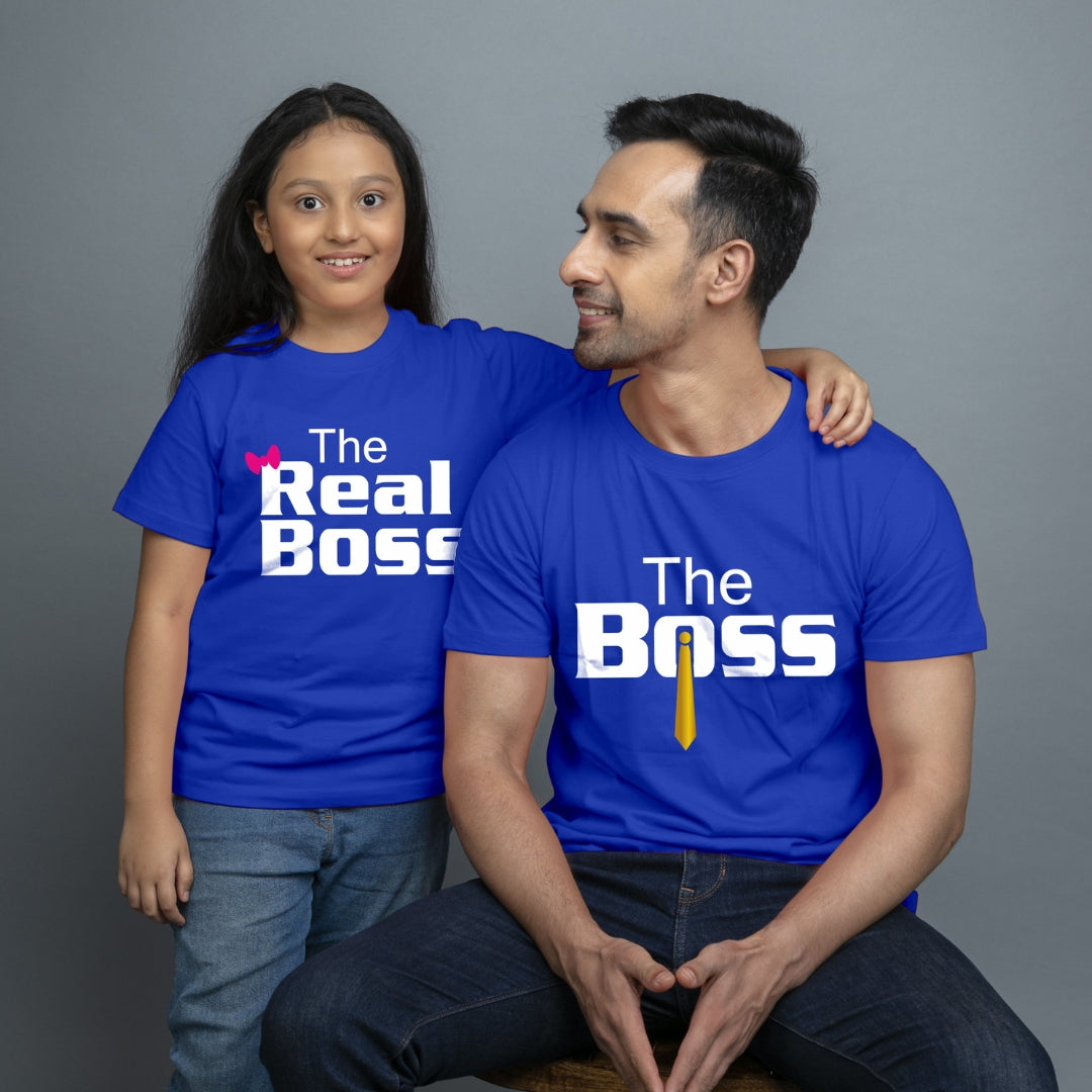 Family of 2 t shirt for Dad Daughter in Blue Colour- The Boss The Real Boss Variant