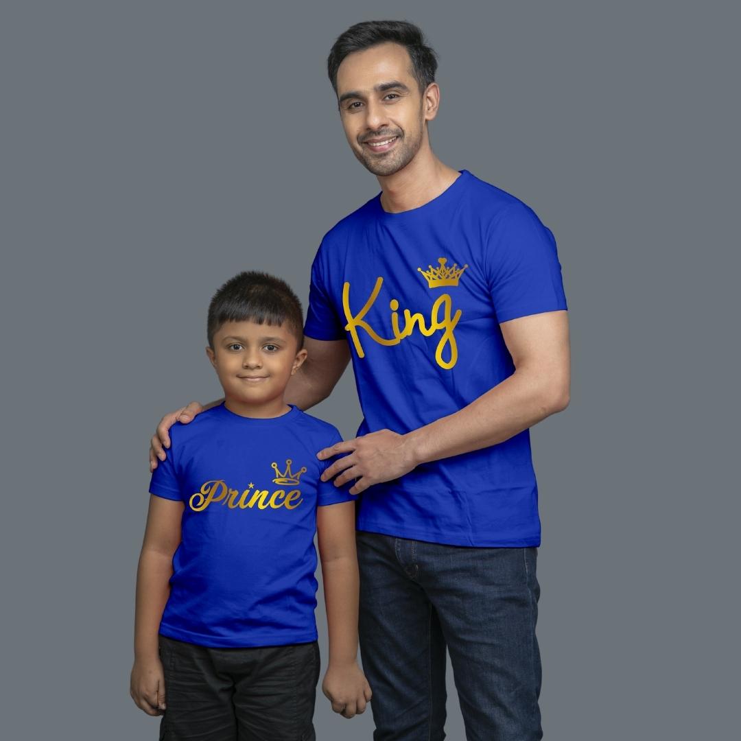 Family of 2 t shirt for Dad Son in Blue Colour- King Prince All Gold Variant