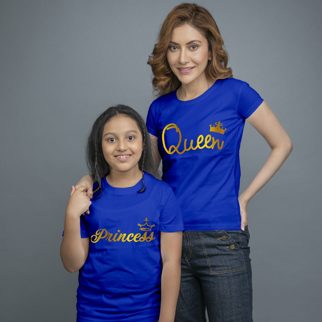 Family of 2 t shirt for Mom Daughter in Blue Colour- Queen Princess All Gold Variant