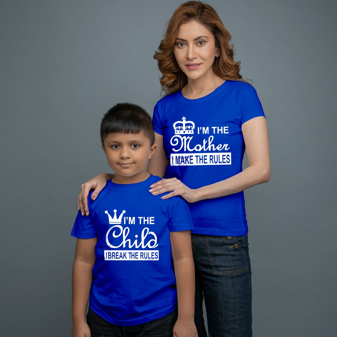 Family of 2 t shirt for Mom Son in Blue Colour - Mother Makes Son Breaks The Rule Variant