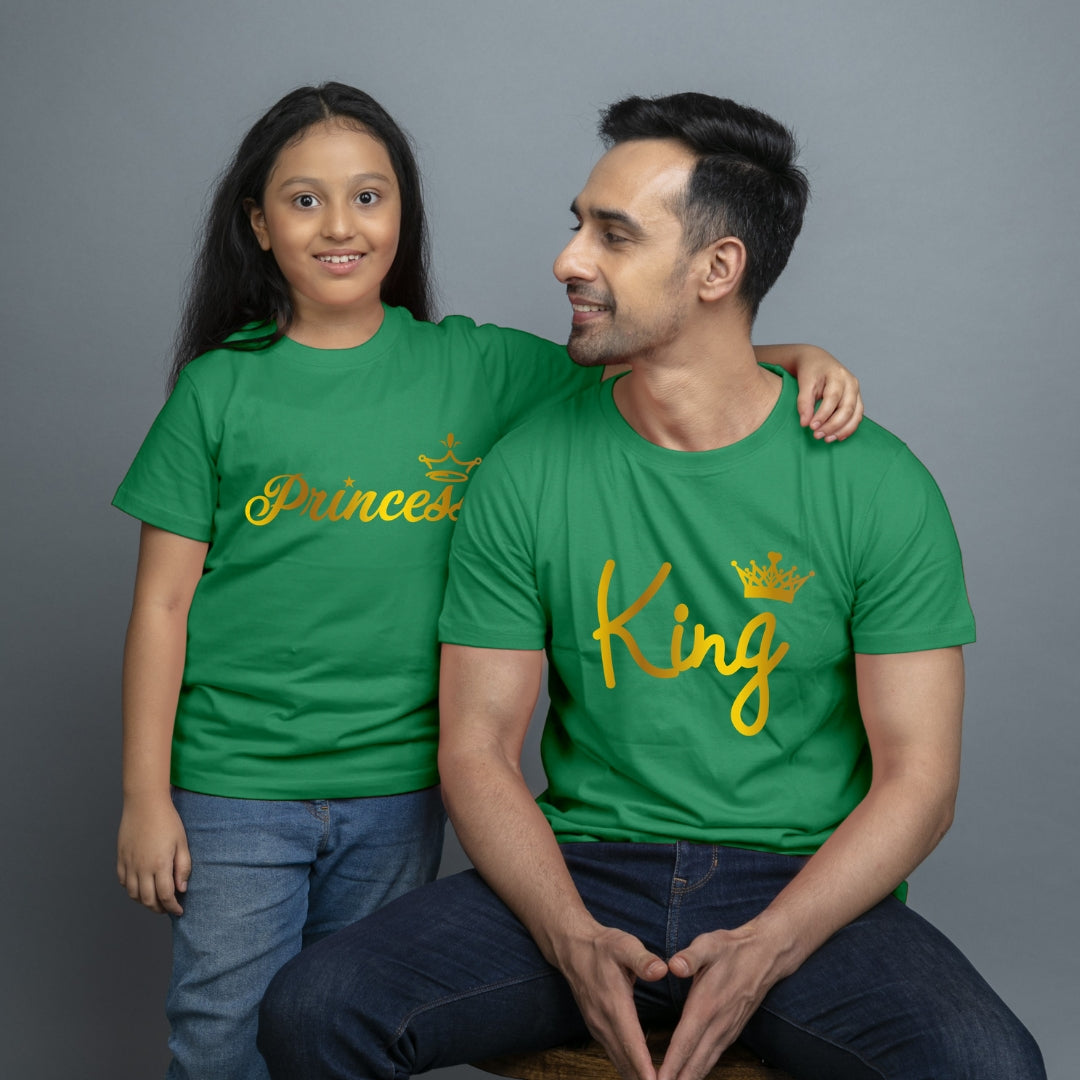 Family of 2 t shirt for Dad Daughter in Green Colour- King Princess All Gold Variant