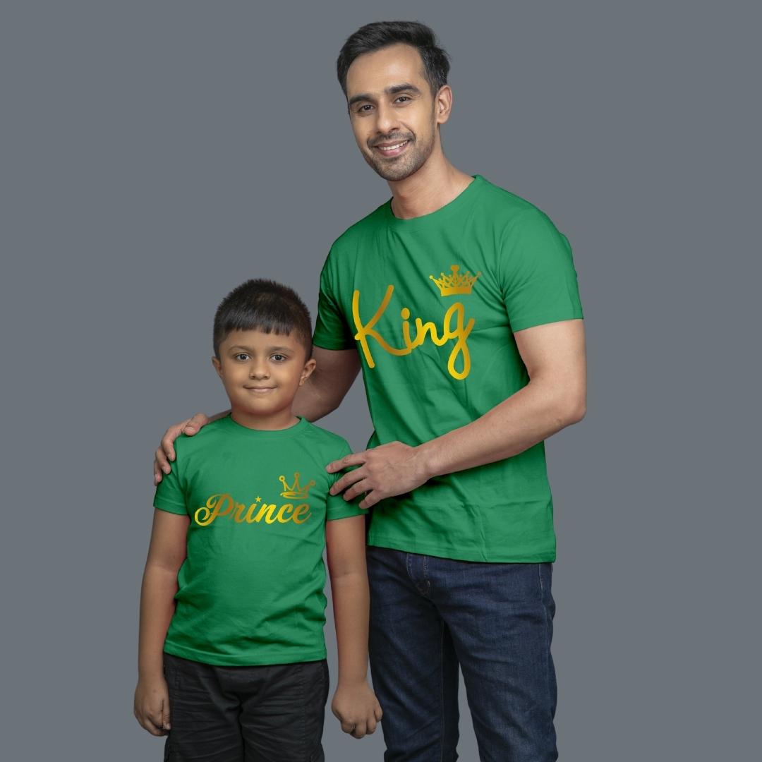 Family of 2 t shirt for Dad Son in Green Colour- King Prince All Gold Variant