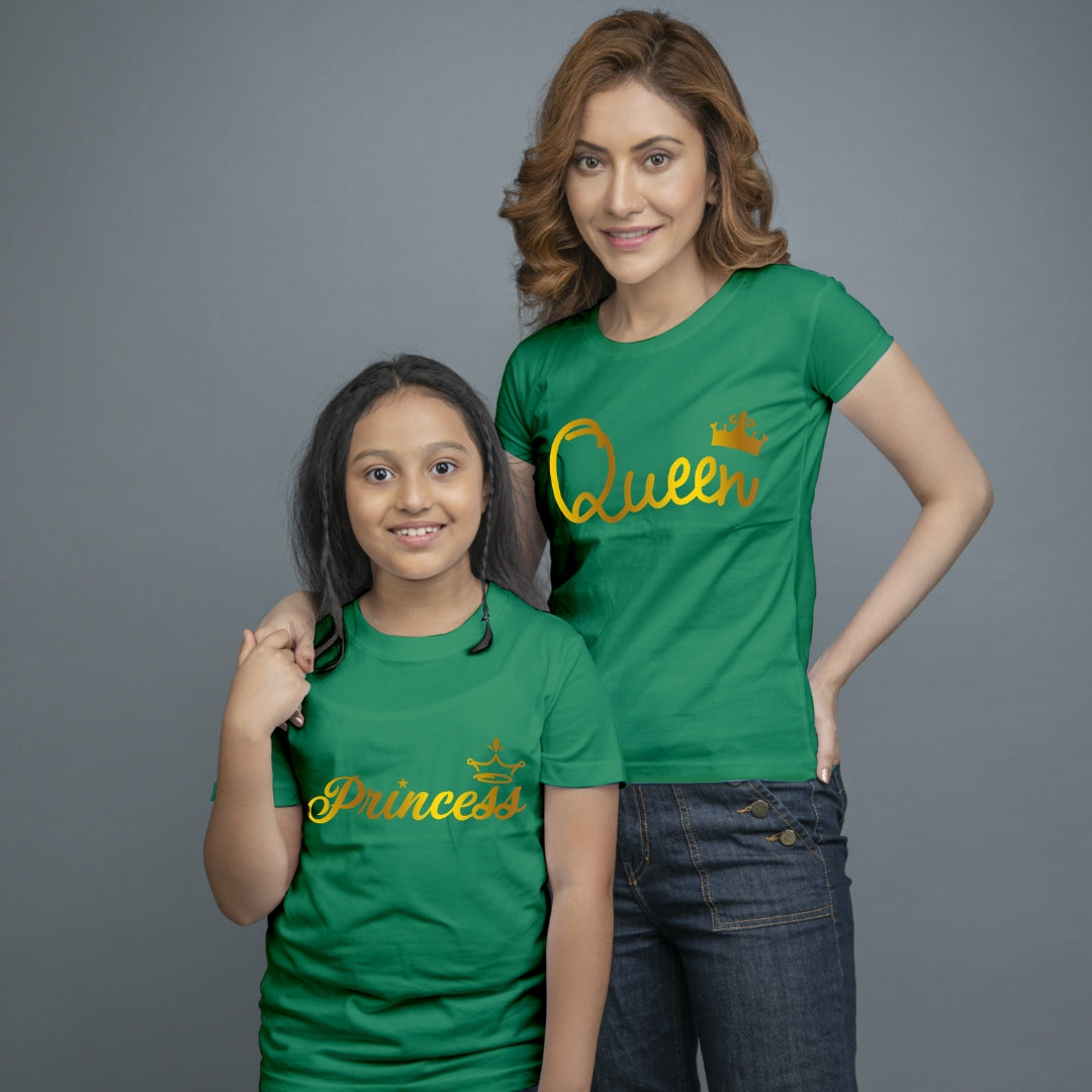 Family of 2 t shirt for Mom Daughter in Green Colour- Queen Princess All Gold Variant
