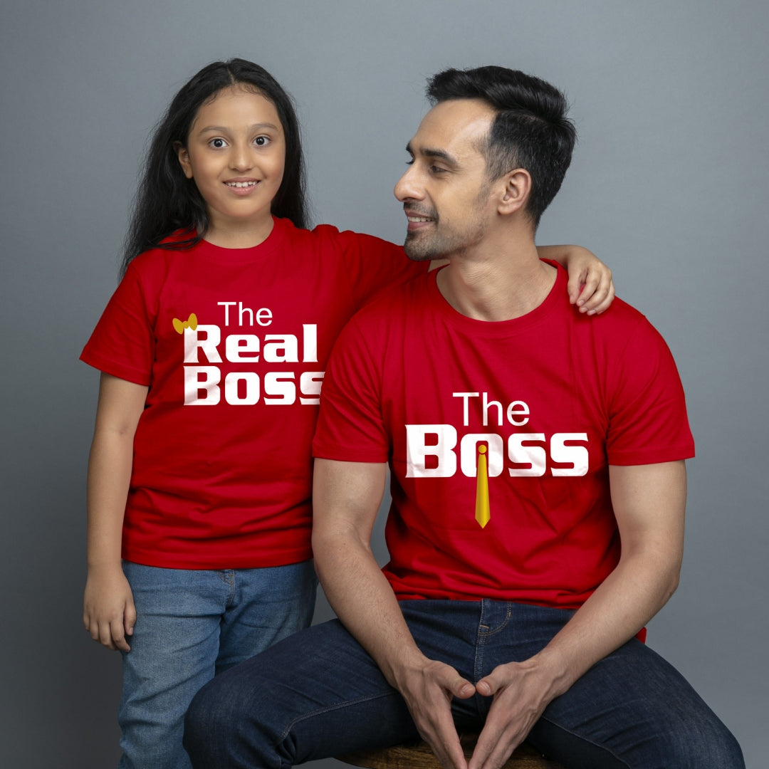 Family of 2 t shirt for Dad Daughter in Red Colour- The Boss The Real Boss Variant