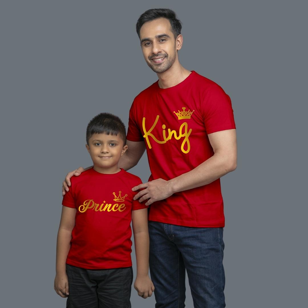 Family of 2 t shirt for Dad Son in Red Colour- King Prince All Gold Variant