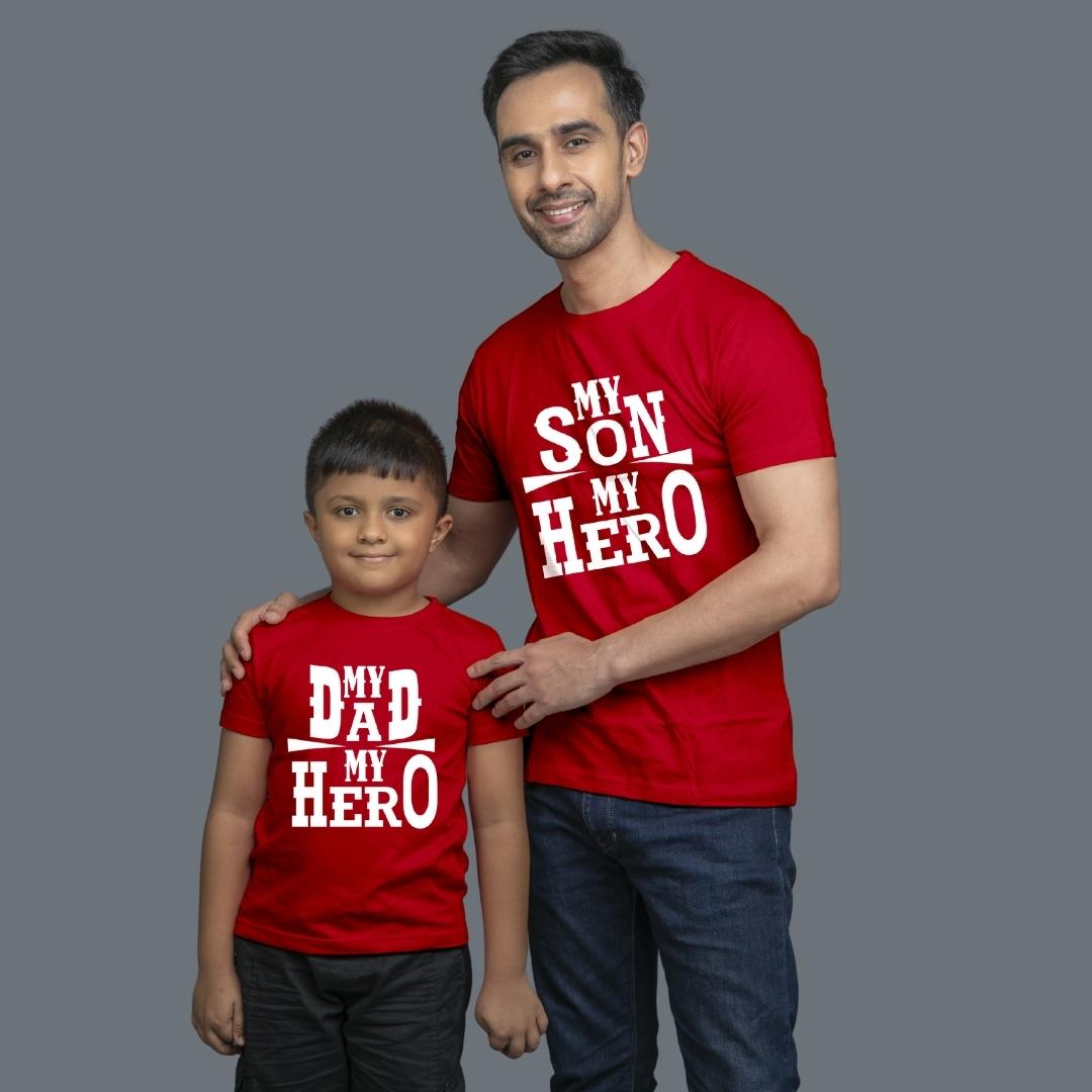 Family of 2 t shirt for Dad Son in Red Colour- My Dad My Hero My Son My Hero Variant