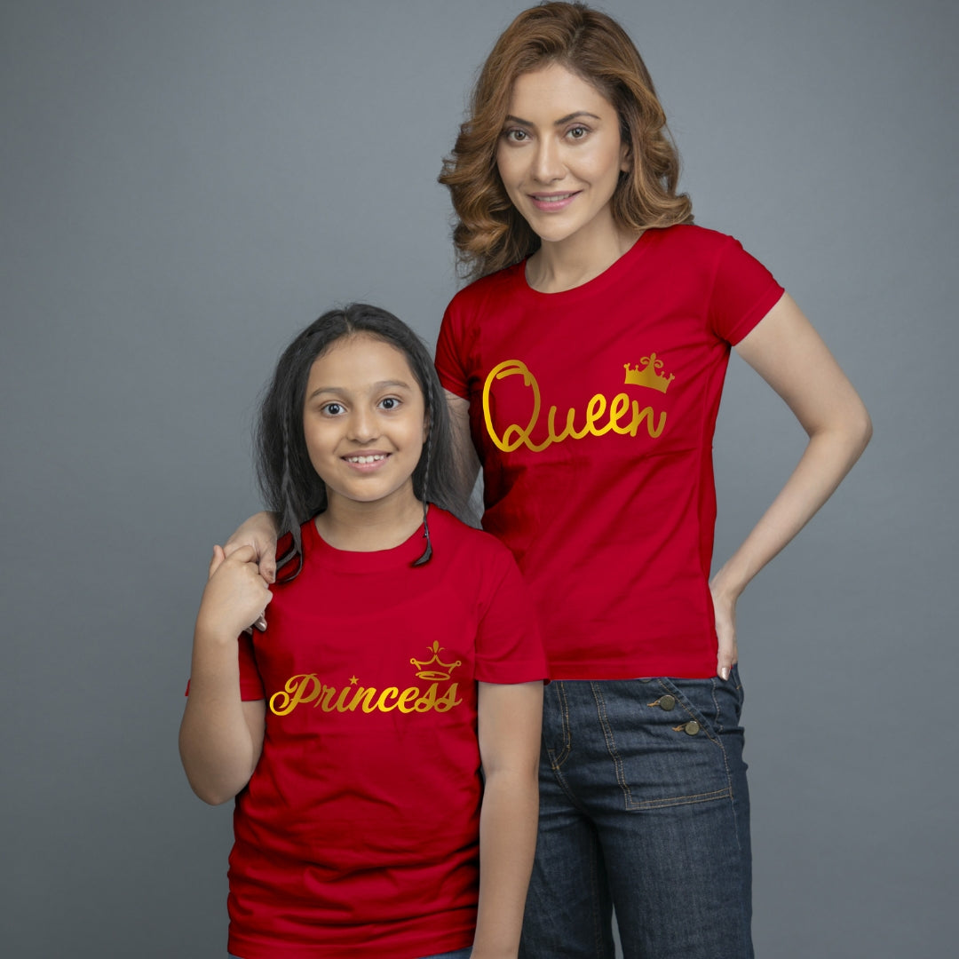 Family of 2 t shirt for Mom Daughter in Red Colour- Queen Princess All Gold Variant