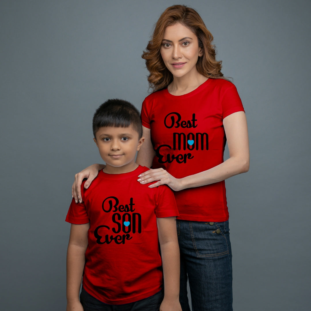 Family of 2 t shirt for Mom Son in Red Colour- Best Mom Son Ever Variant