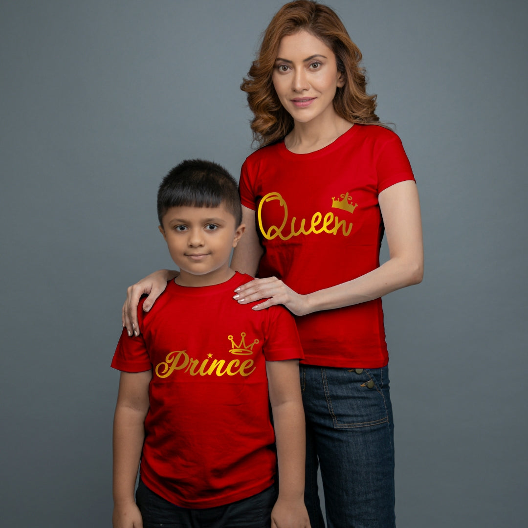 Family of 2 t shirt for Mom Son in Red Colour- Queen Princess All Gold Variant