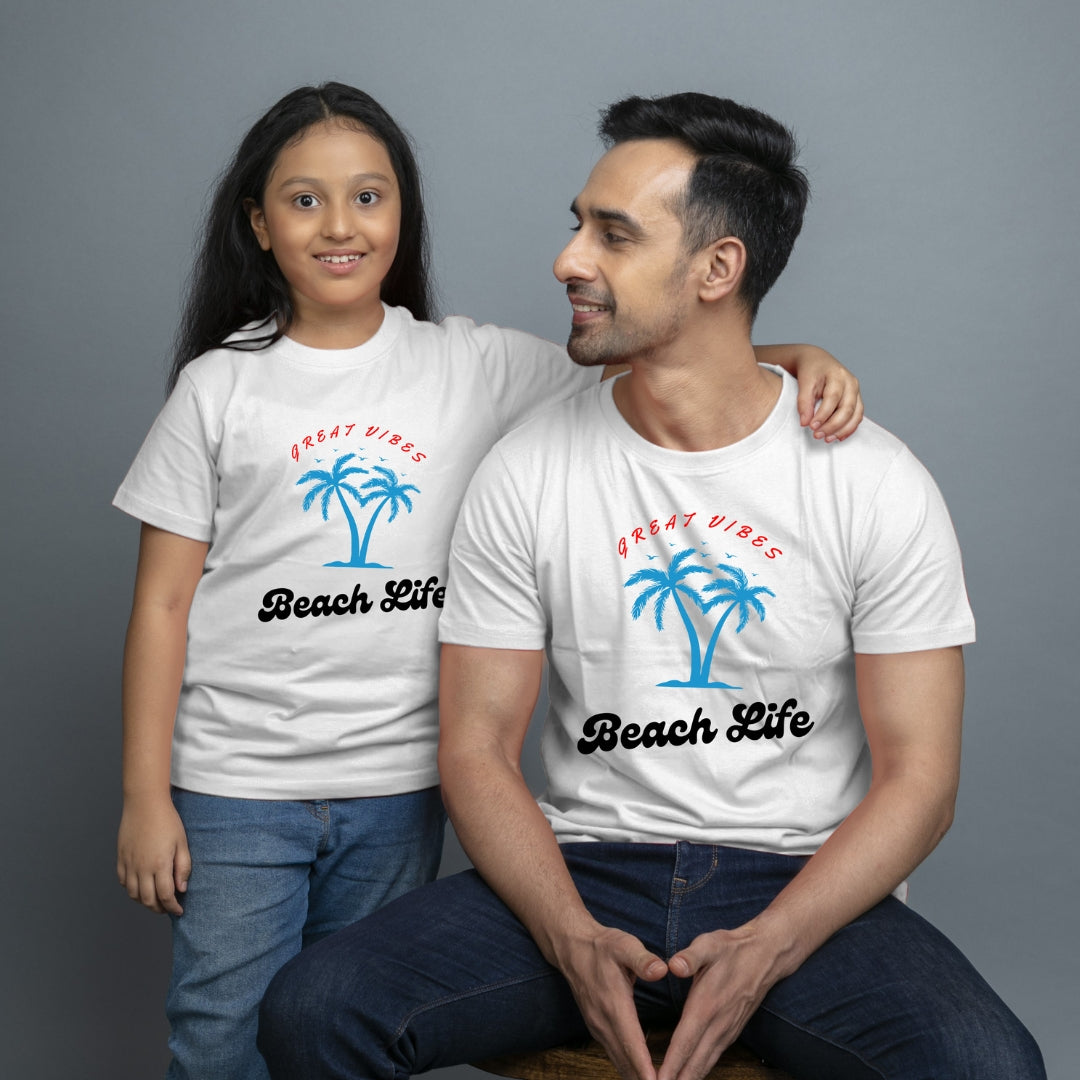 Family of 2 t shirt for Dad Daughter in White Colour- Beach Life Variant
