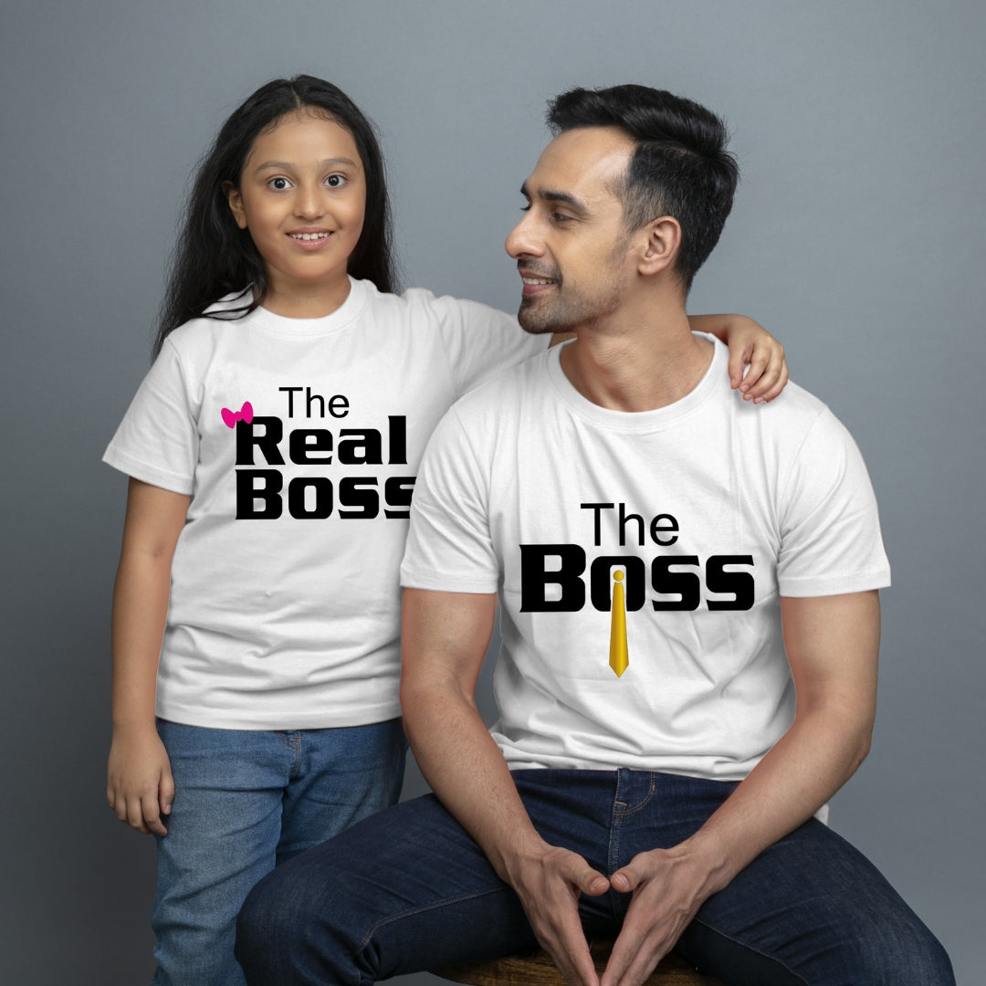 Family of 2 t shirt for Dad Daughter in White Colour- The Boss The Real Boss Variant
