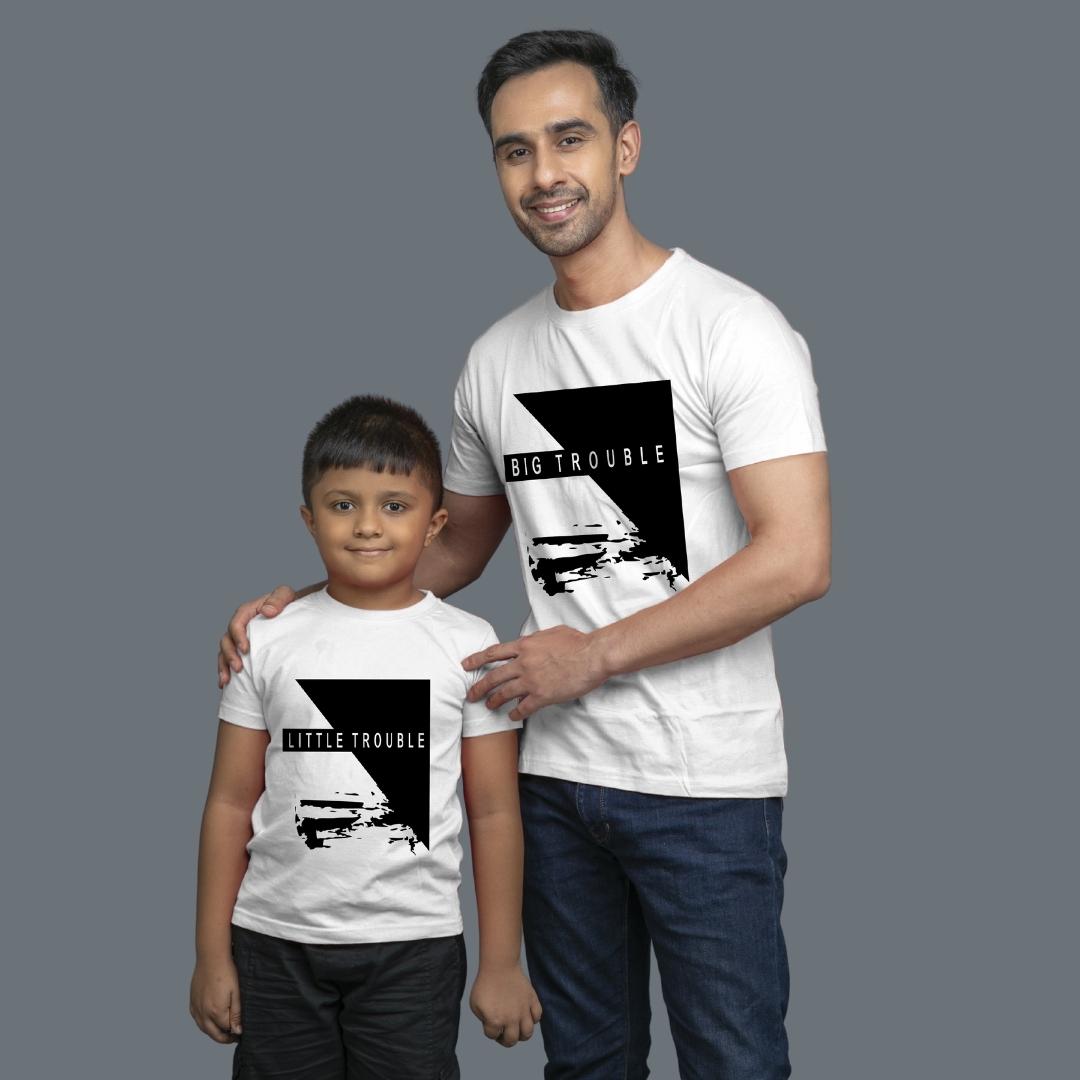 Family of 2 t shirt for Dad Son in white Colour- Big Trouble Little Trouble Variant