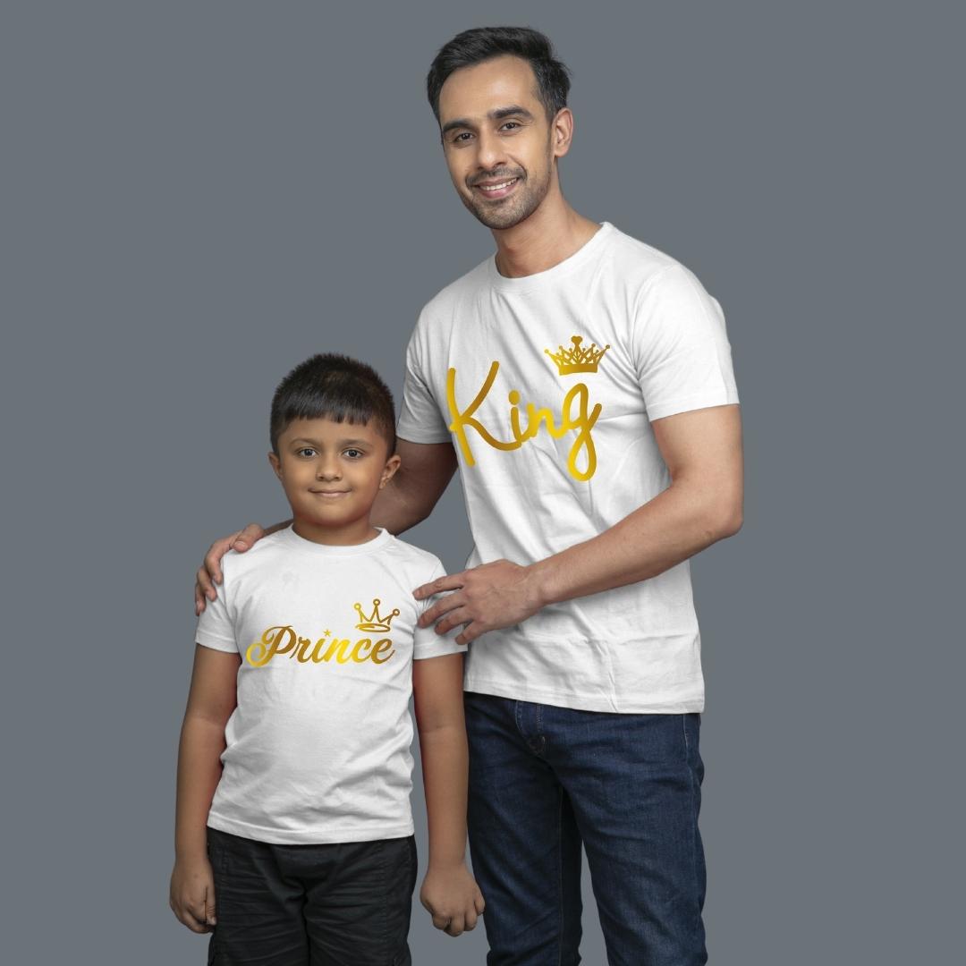 Family of 2 t shirt for Dad Son in White Colour- King Prince All Gold Variant